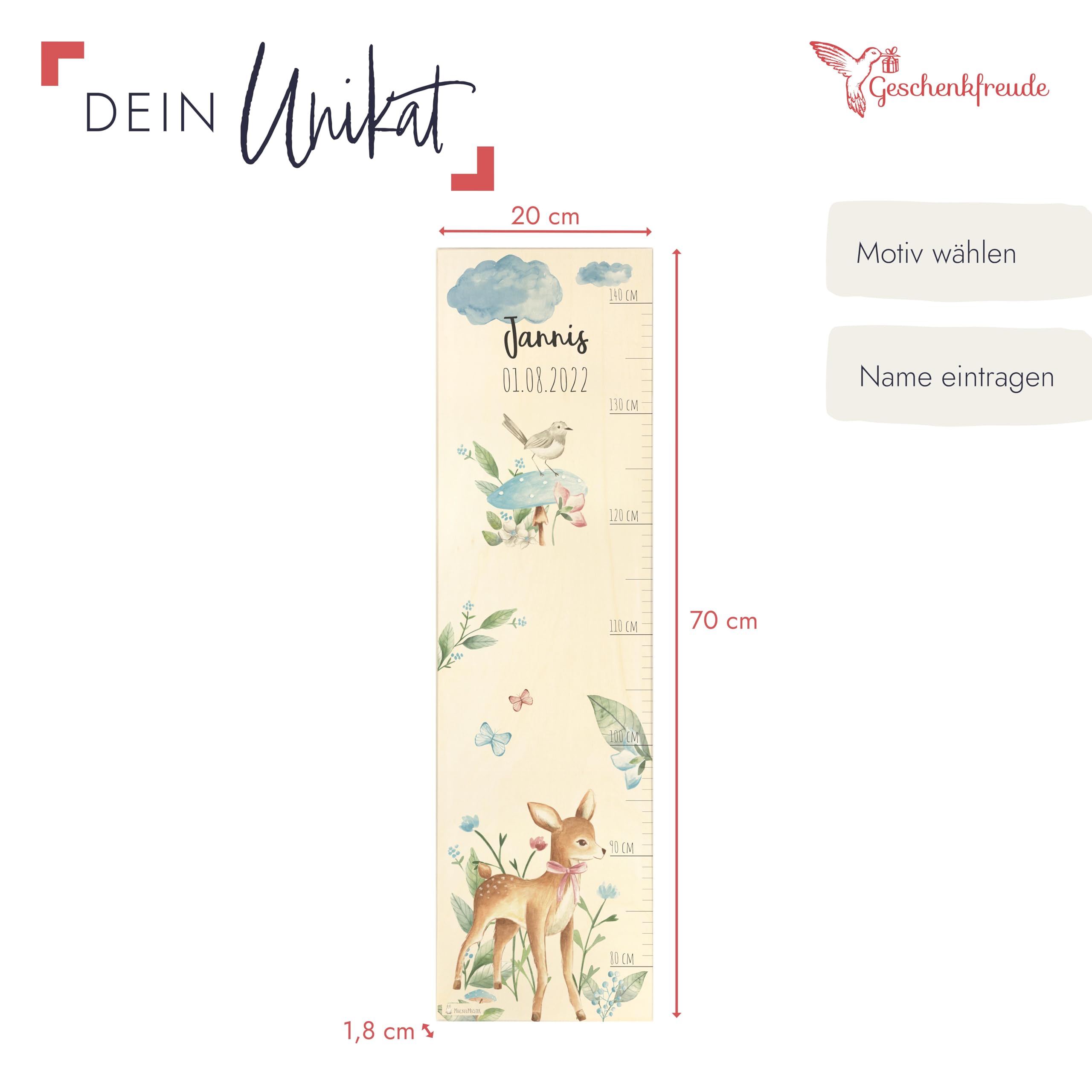 Geschenkfreude Messlatte Kinder personalisert 80-140cm - mit Rehmotiven als Dekoration fürs Kinderzimmer - personalisierte Messlatte Kinder Holz - tolles Geschenk zur Geburt - Maßband Wand