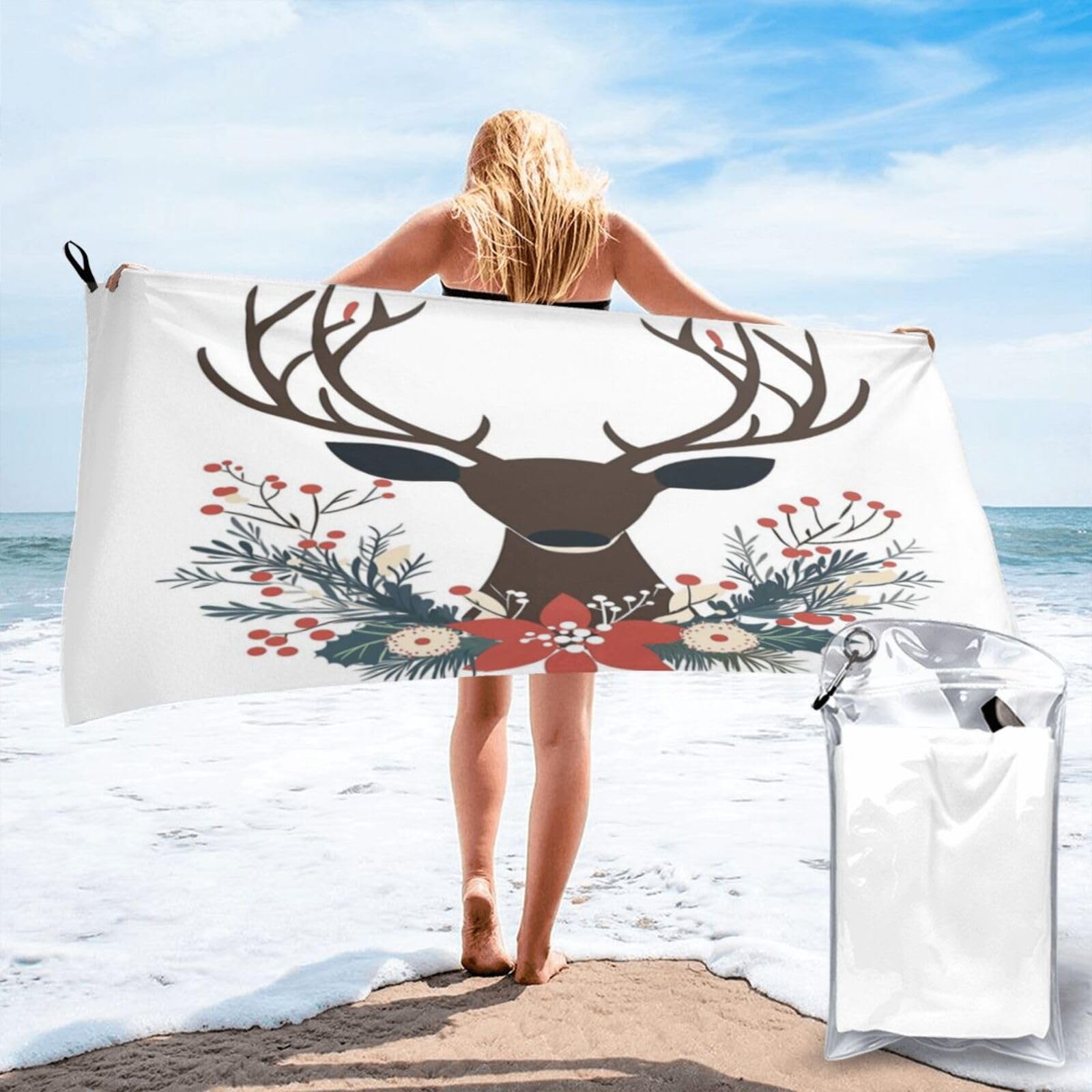 Anceky Digital Illustration of Deer Head Quick Dry Microfiber Travel Towel with Carry Case and Carabiner 27.5"X55"