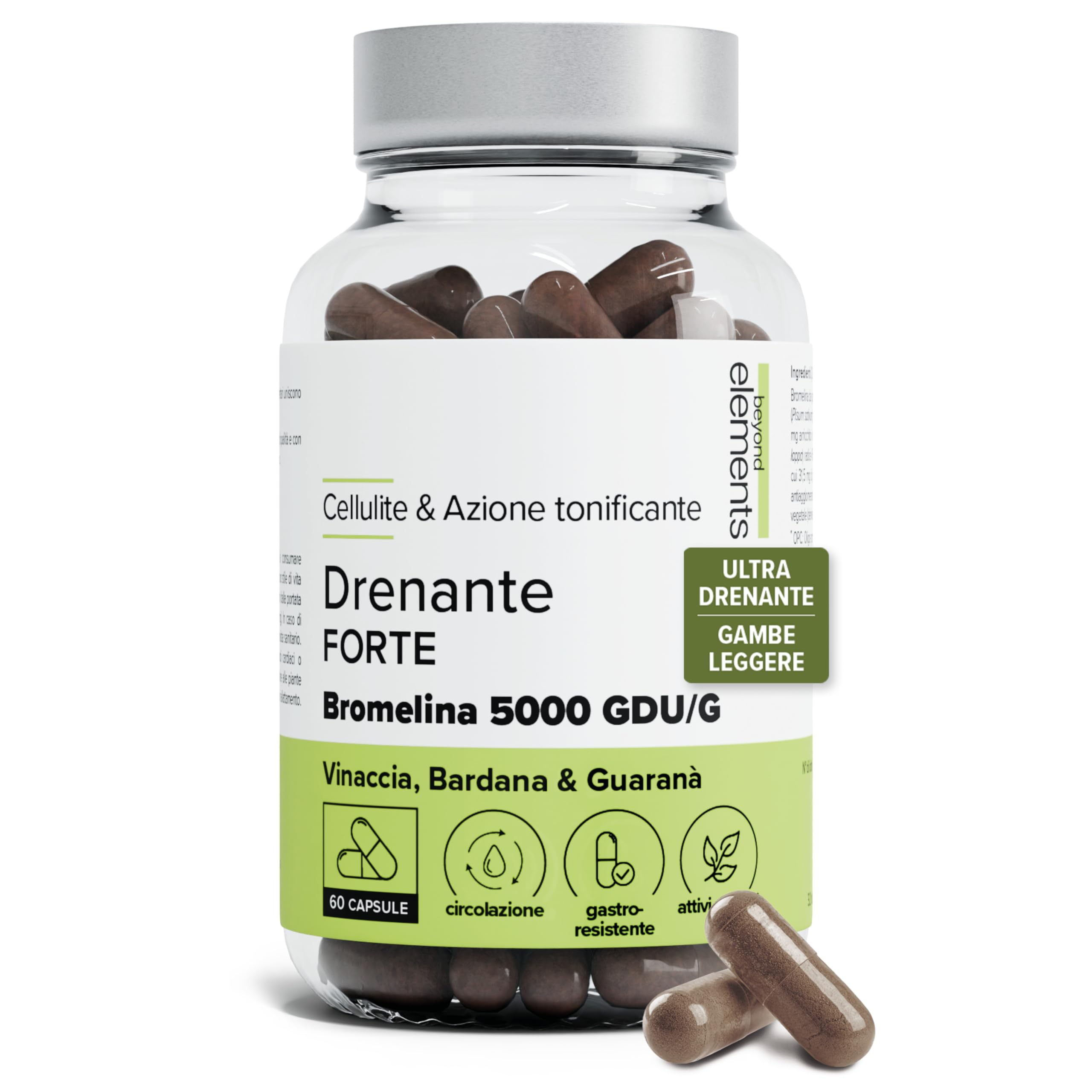 Drenante Forte – Bromelina 5000 GDU/g – Vinacce, Guaranà e Barbané – Drenaggio e Gambe Leggere – Cellulite e Rassodamento – 60 Capsule gastroresistenti – Vegano – Prodotto in Francia – Beyond Elements