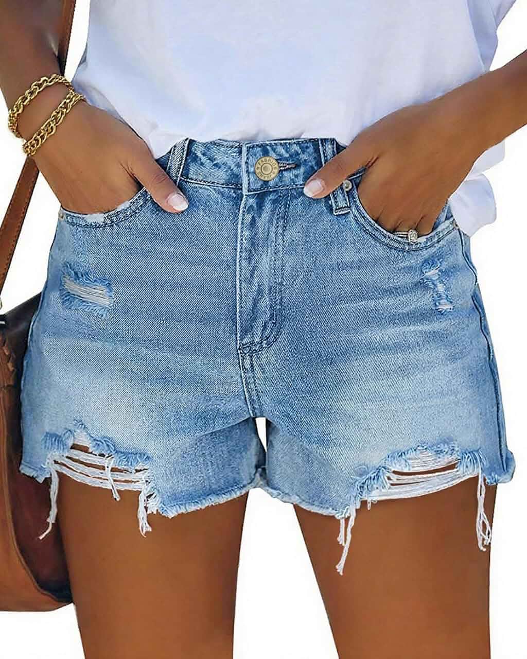 Dwnipkq Womens Mid Rise Stretchy Cut Off Denim Shorts Distressed Ripped Jean Shorts