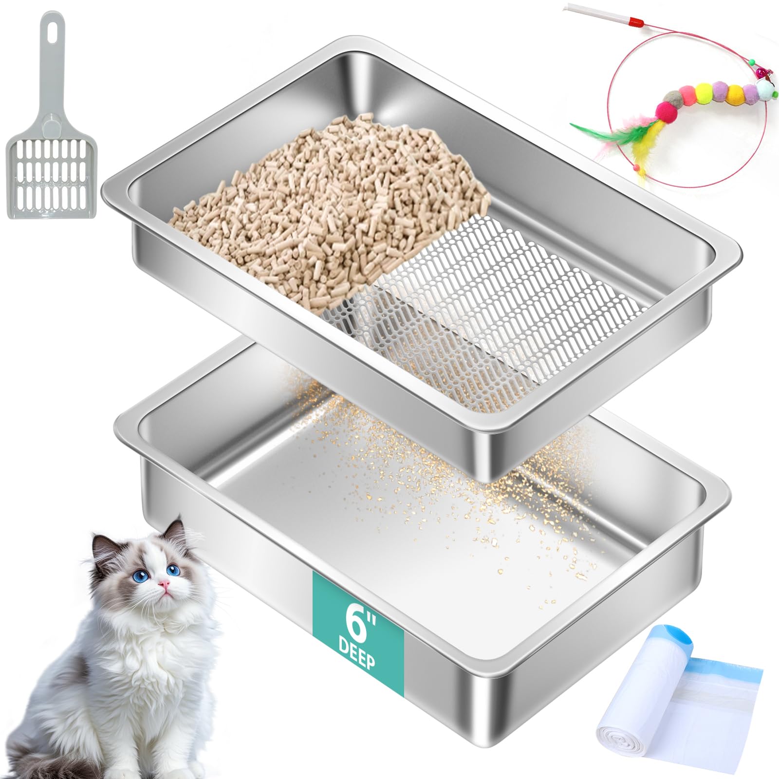 Amibud Stainless Steel Sifting Litter Box for Pine Pellets,Sifting Cat Litter Box for Wood Pellets,Large Sifter Litter Pan System with Litter Liners and Scoop-17.72'' L x13.78'' W x6''H