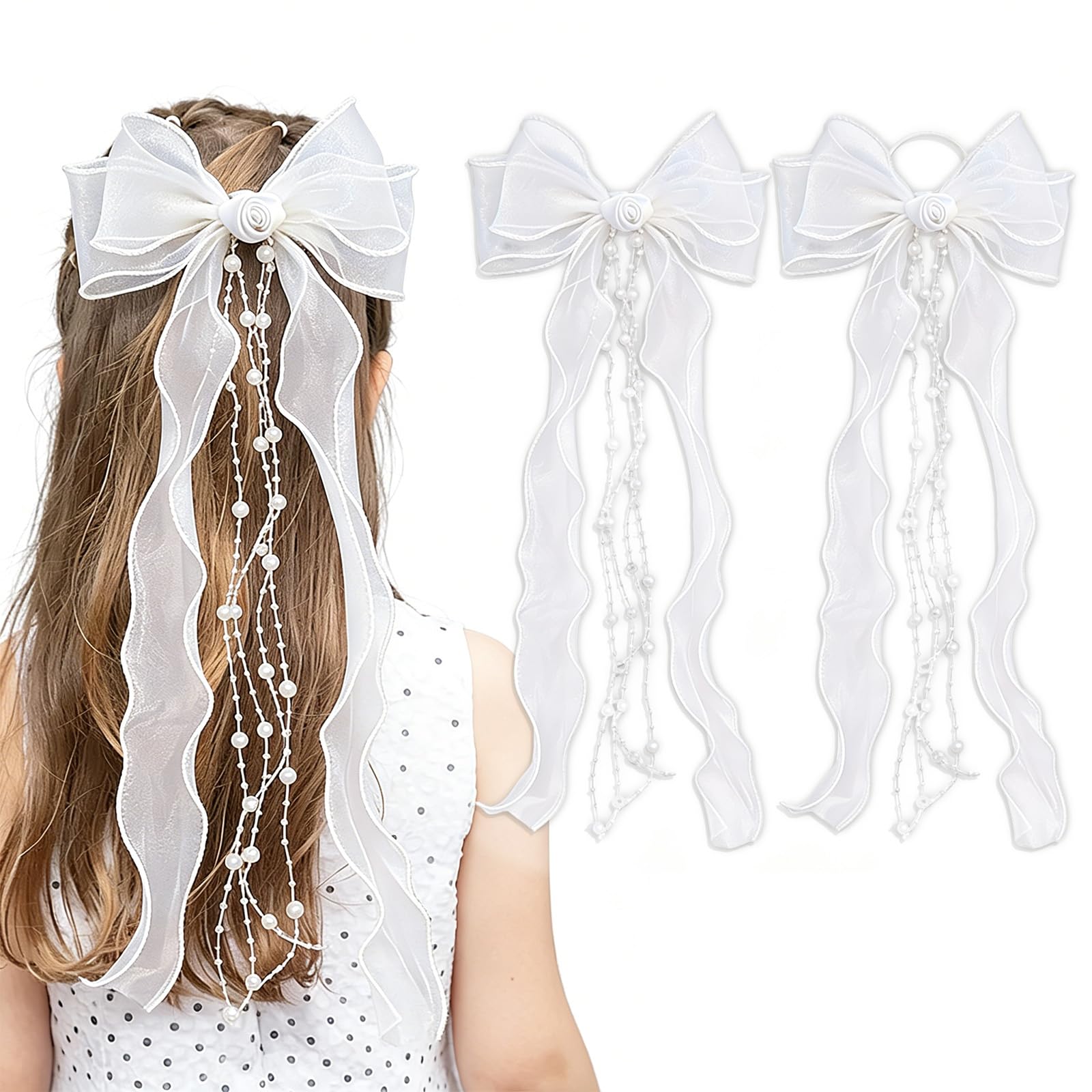 2 Pezzi Fiocco Capelli Donna, Bianco Fiocchi per Capelli con Perle, Mollette Capelli Donna con Nastro Lungo in Tulle, Velo Sposa Addio al Nubilato per Donne Ragazze, Compleanni, Feste Nuziali