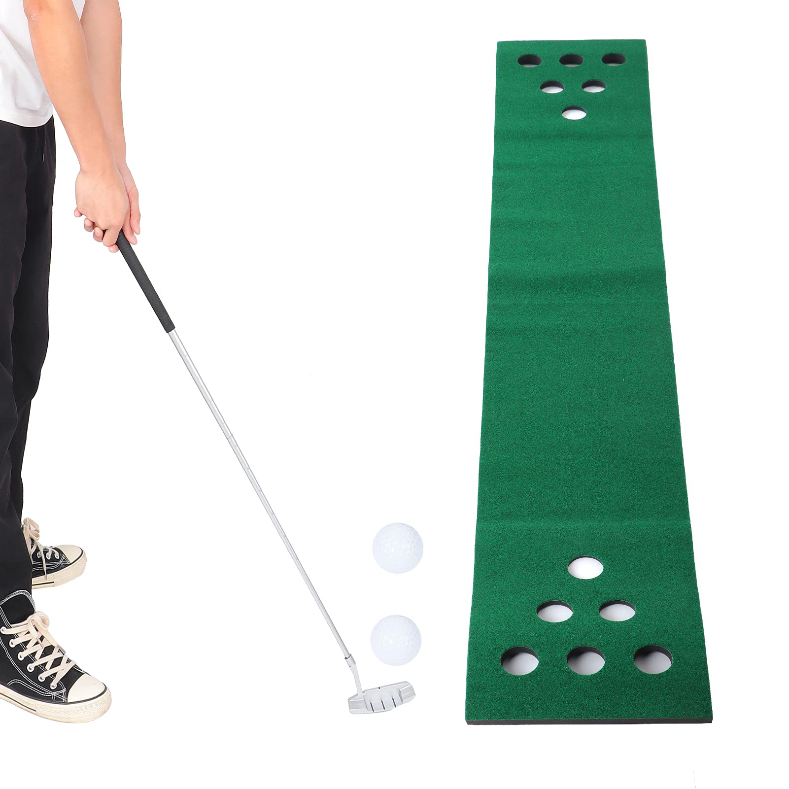 Qqmora Tappetino da con 12 Putting Green e 2 Palline per Divertenti Giochi Al Coperto e All'aperto, Compatto e Pieghevole, Realizzato in Flanella Resistente, Lunghezza 118 Pollici