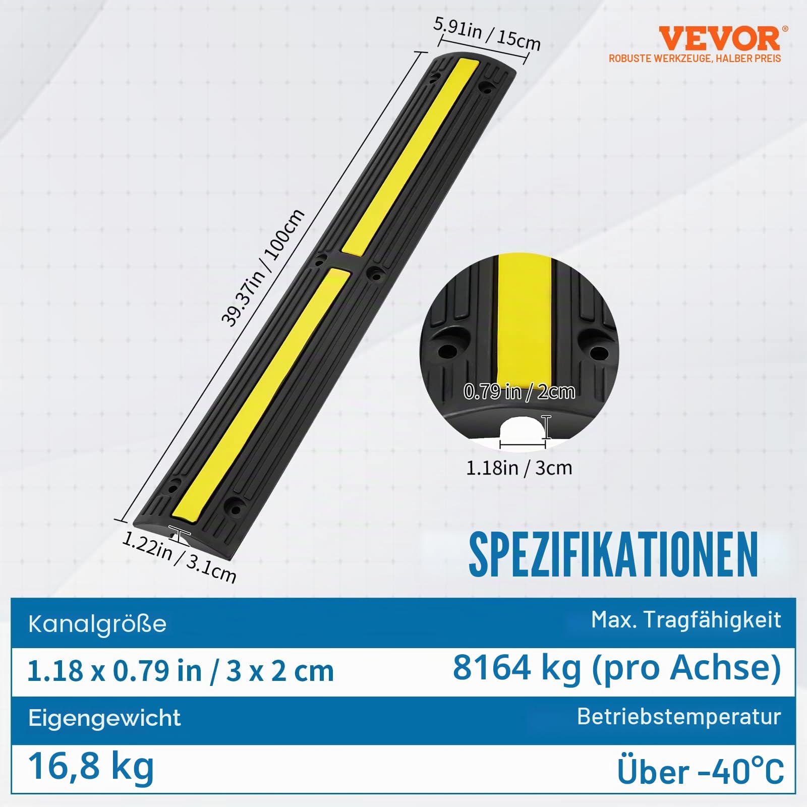 VEVOR 4X 1-Kanal Schlauchbrücke 100x15x3,1cm Kabelbrücke Gummi Überfahrschutz Kabel Kanalgröße 3x2cm Max. Tragfähigkeit 8164kg pro Achse Schwellenrampe Ideal für Wohngebiete Private Garagen Gärten