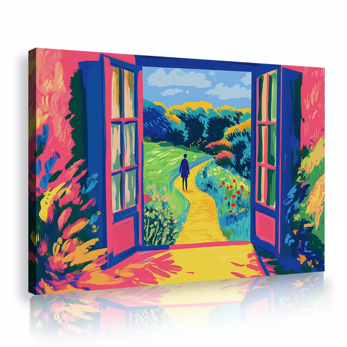 Via Vela Open Window Landscape Framed Canvas Wall Art Henri Matisse Style Colorful Garden Pathway Artwork Bright Fauvism Nature Aesthetic Poster For Bed Headboard 80x120cm