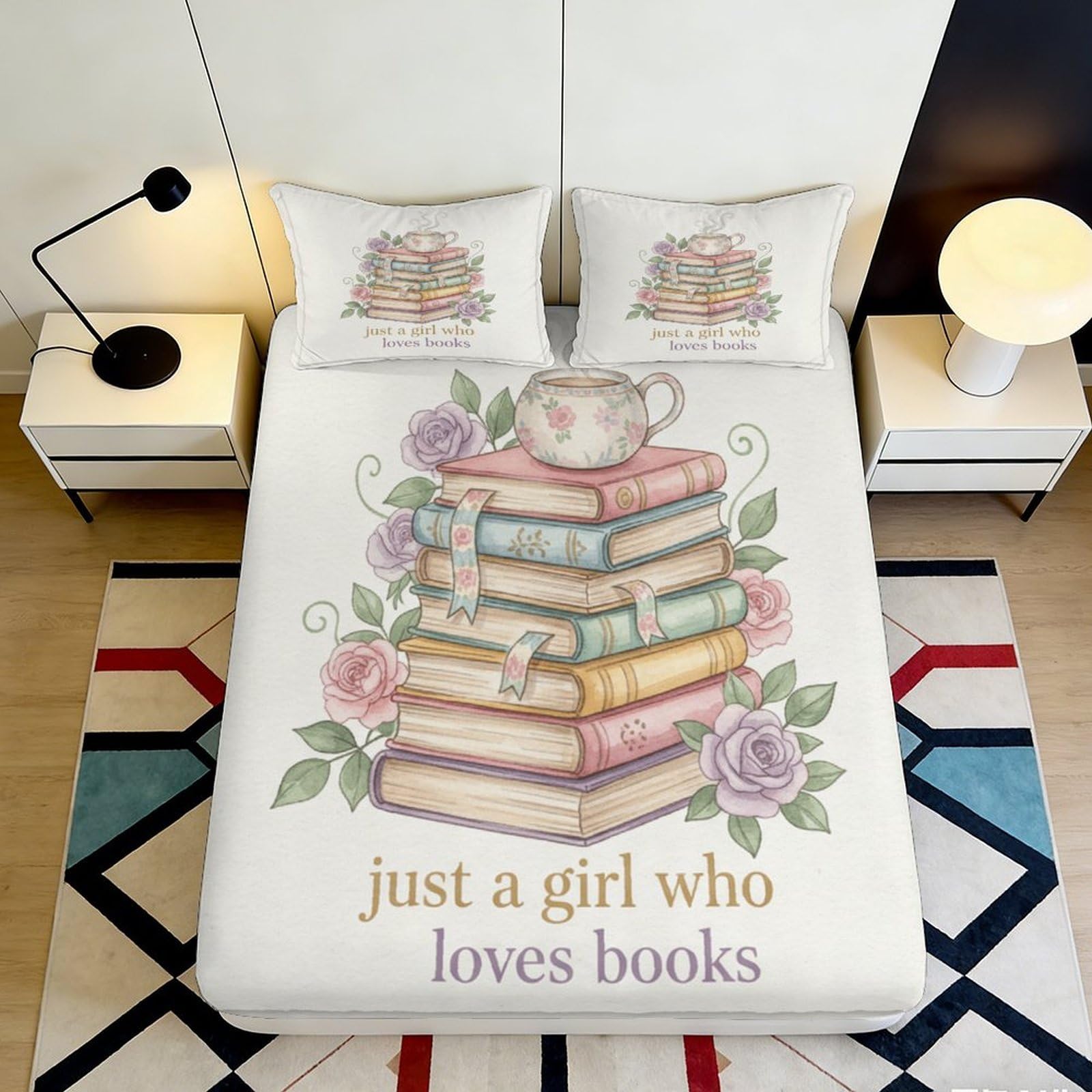 3D Printed Book Stack Fitted Sheet Microfiber Soft Floral Teacup Bed Cover for Bedroom Dorm Mattress Protection Decor 90x200x25cm