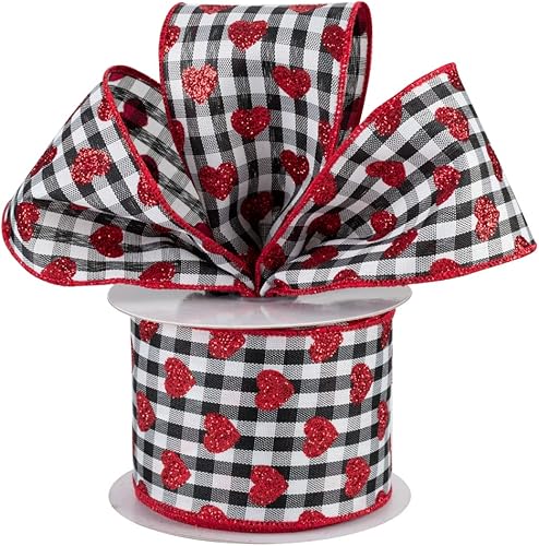 Miniatura 2 de Cinta de corazones con purpurina a cuadros, 2 12 pulgadas x 10 yardas, cuadros blancos y negros, decoración del día de San Valentín, corazón rojo