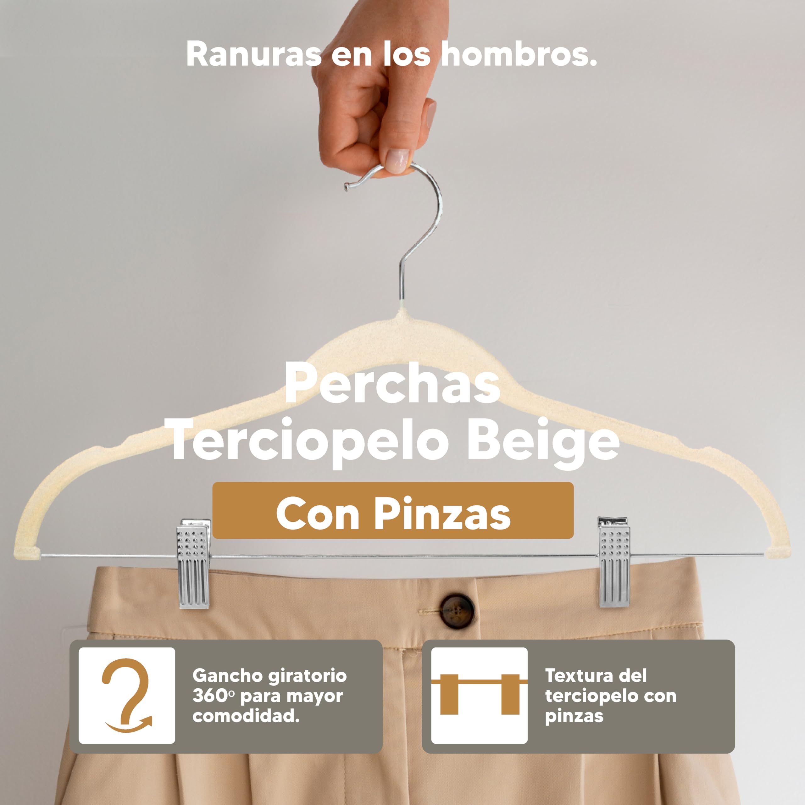 12X Perchas Terciopelo Beige Antideslizantes con Pinzas - Colgadores de Ropa Terciopelo Finas para Pantalón - Perchas Ropa Terciopelo Multifuncional con Gancho 360º
