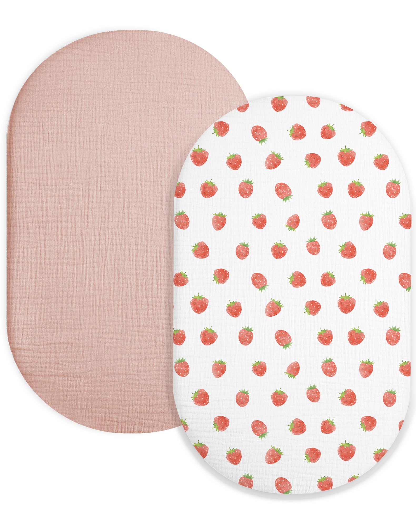 Muslin Bassinet Sheets 2 Pack, 33" x 17", (Strawberry &amp; Pale Pink)
