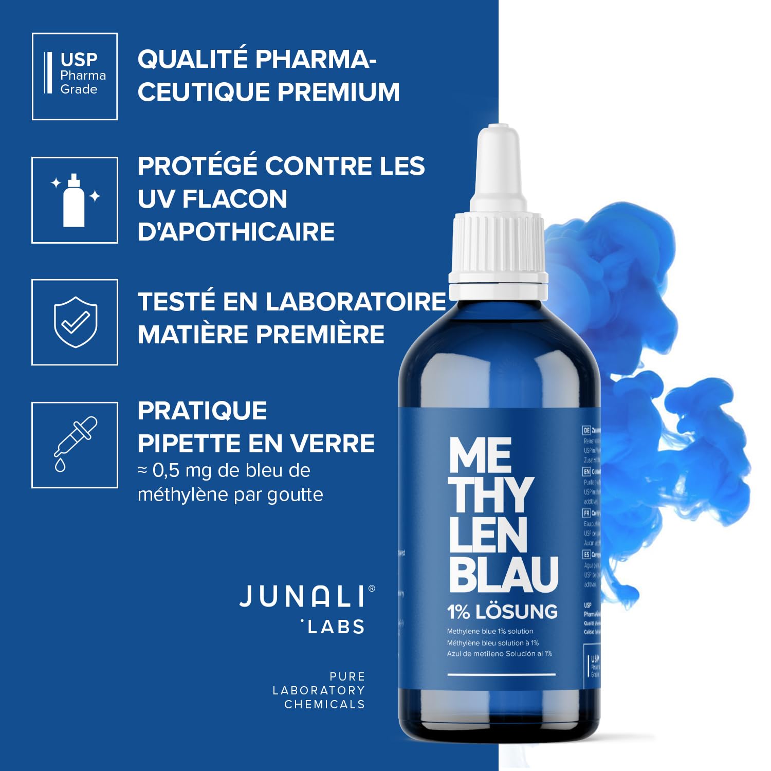 Bleu de méthylène 1% USP de qualité pharmaceutique, 2x 100 ml, sans métaux lourds, qualité testée en laboratoire – Fabriqué en Allemagne par JUNALI
