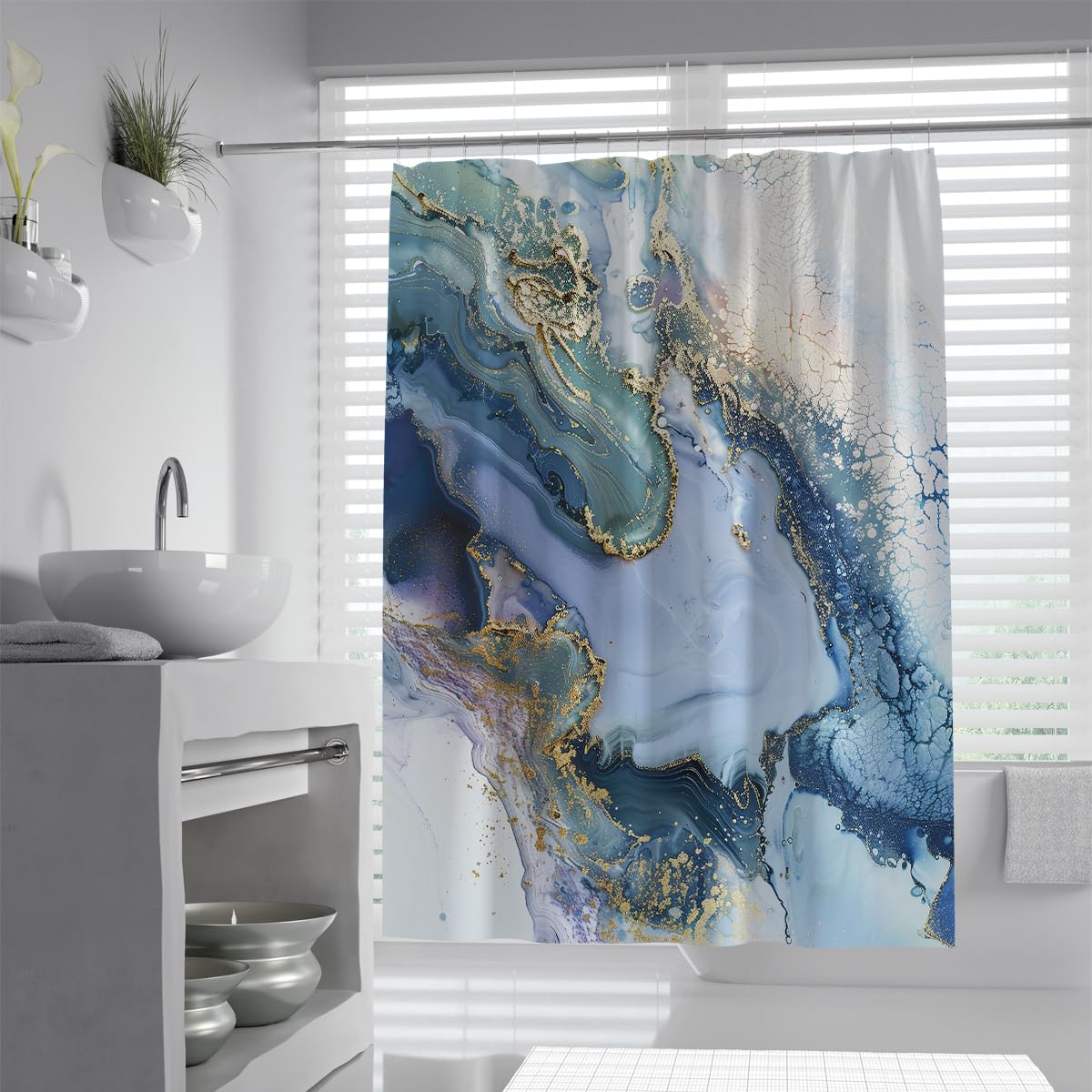 UIRINGART Nordic Bathroom Curtains W200xL220cm Blue Purple Teal Mineral Stone Swirls Pattern Mildew Mould Resistant Waterproof Fabric Bathroom Wet Room Tub