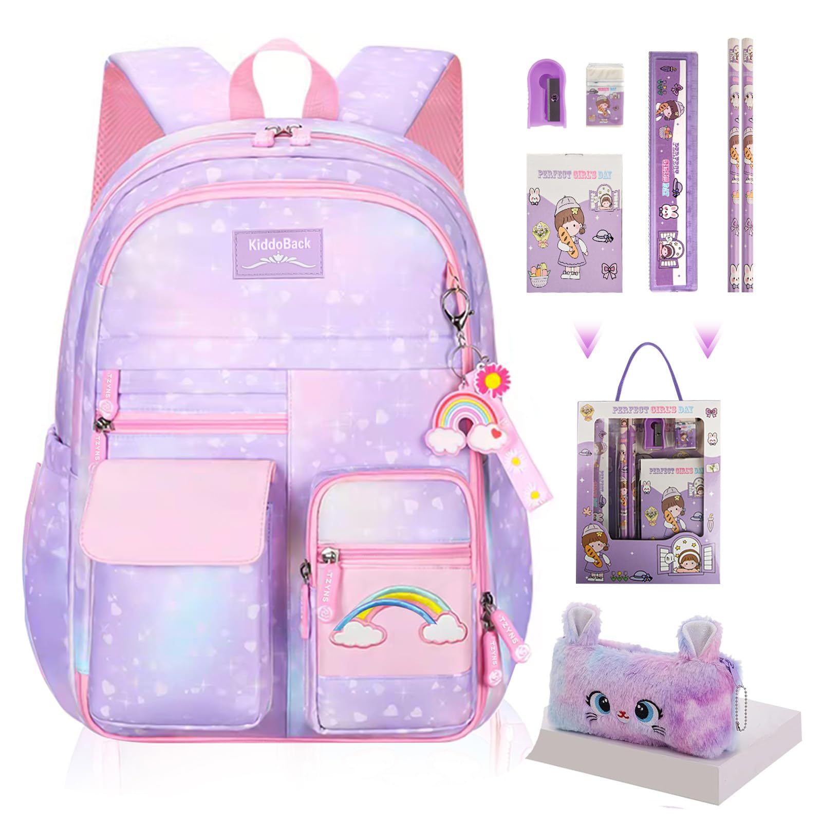 Kawaii Rainbow Backpack for Girls Cute Starry School Bags for Kids Teens with Plush Pen Case 6-Piece Study