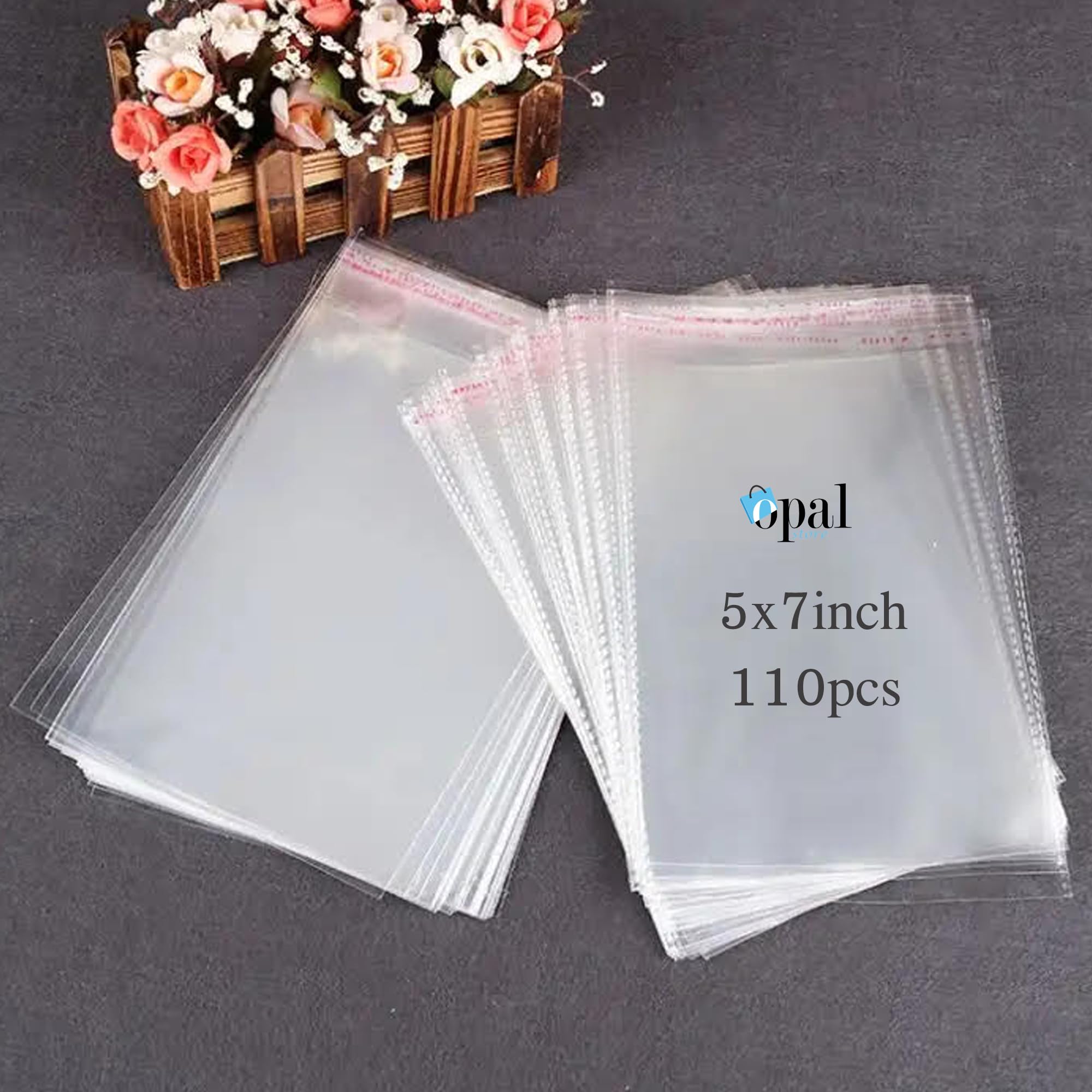 plastic bags clear Small and large size re-sealable Self-Adhesive for packaging,organizing and storage for food,samples,jewelry,gifts,snacks,baked goods and candy (clear-110Pcs, 13x17.7cm-5x7inch)