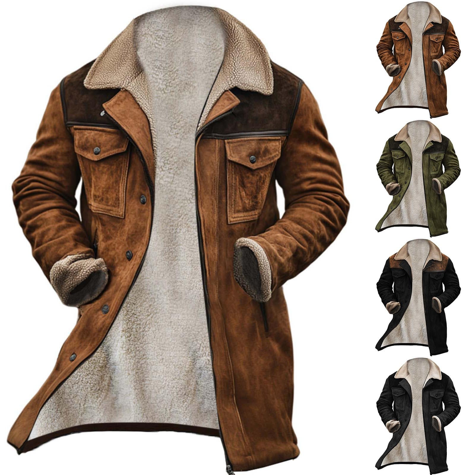 Cappotto in pelle da uomo lungo foderato, cappotto invernale in pelle, giacca invernale in pelle scamosciata, vintage, trench caldo, per esterni, con tasche senza cappuccio, giacca invernale comoda