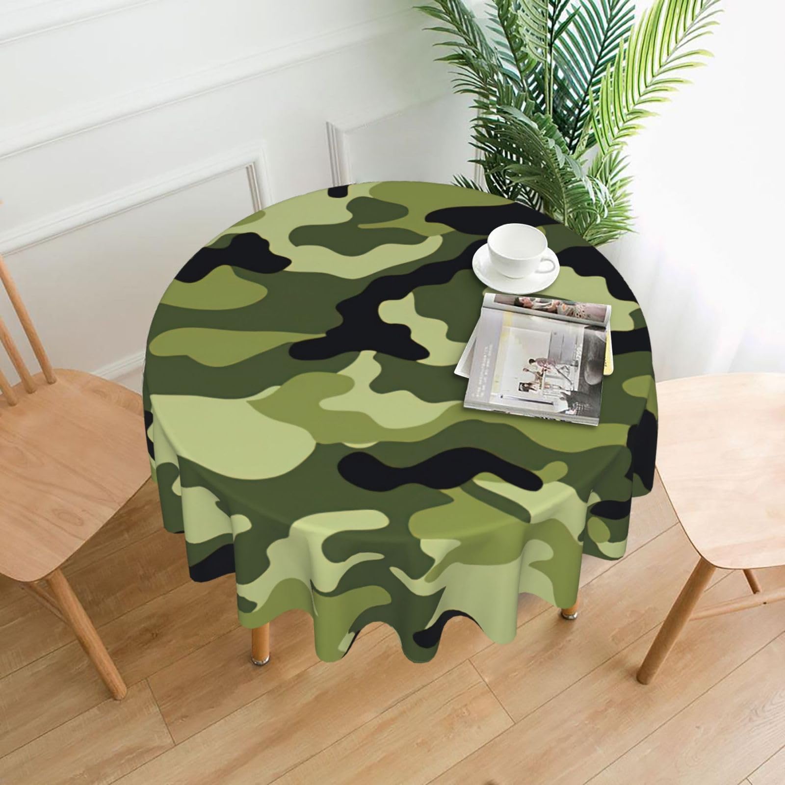 Uusnwaa Camo Green Print Round Tablecloth 60 Inch, Stain Wrinkle Resistant Washable Polyester Table Cover For Kitchen Party