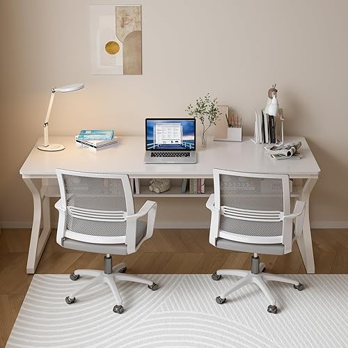 Miniatura 6 de Escritorio extra largo con estantería, mesa de escritura doble larga de 63 pulgadas para estación de trabajo de 2 personas, escritorio moderno para