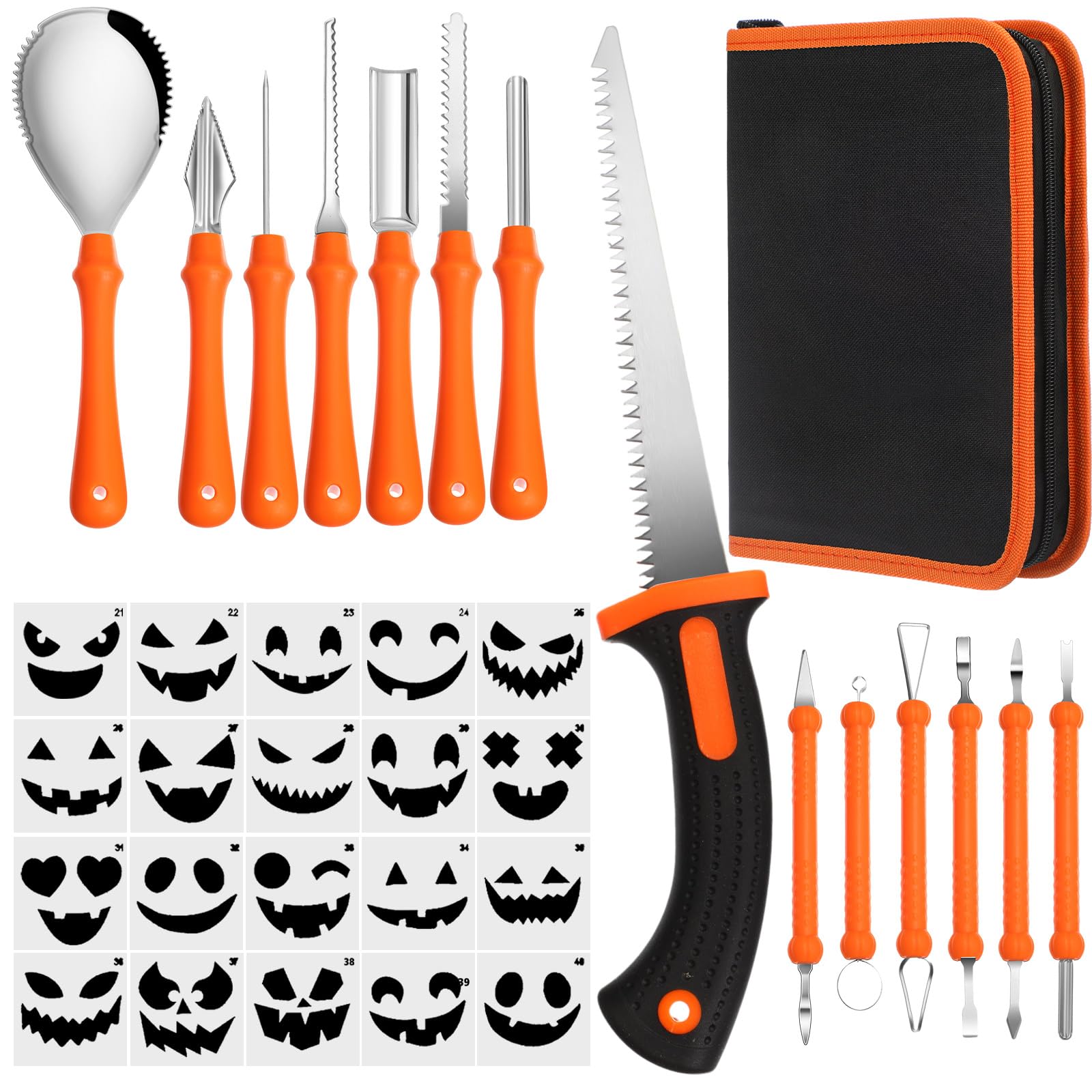 34 Pcs Halloween Pumpkin Carving Kit with Knife &amp; Stainless Tool &amp; Stencils