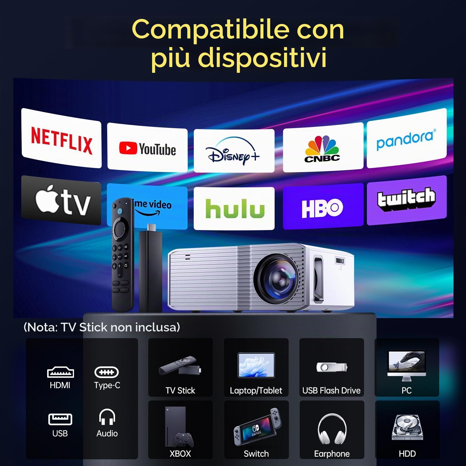 KSAN Mini proiettore con WiFi e Bluetooth, 240 ANSI portatile per uso esterno, proiettore video nativo 1080p compatibile con telefono/chiave TV/PC/PS5