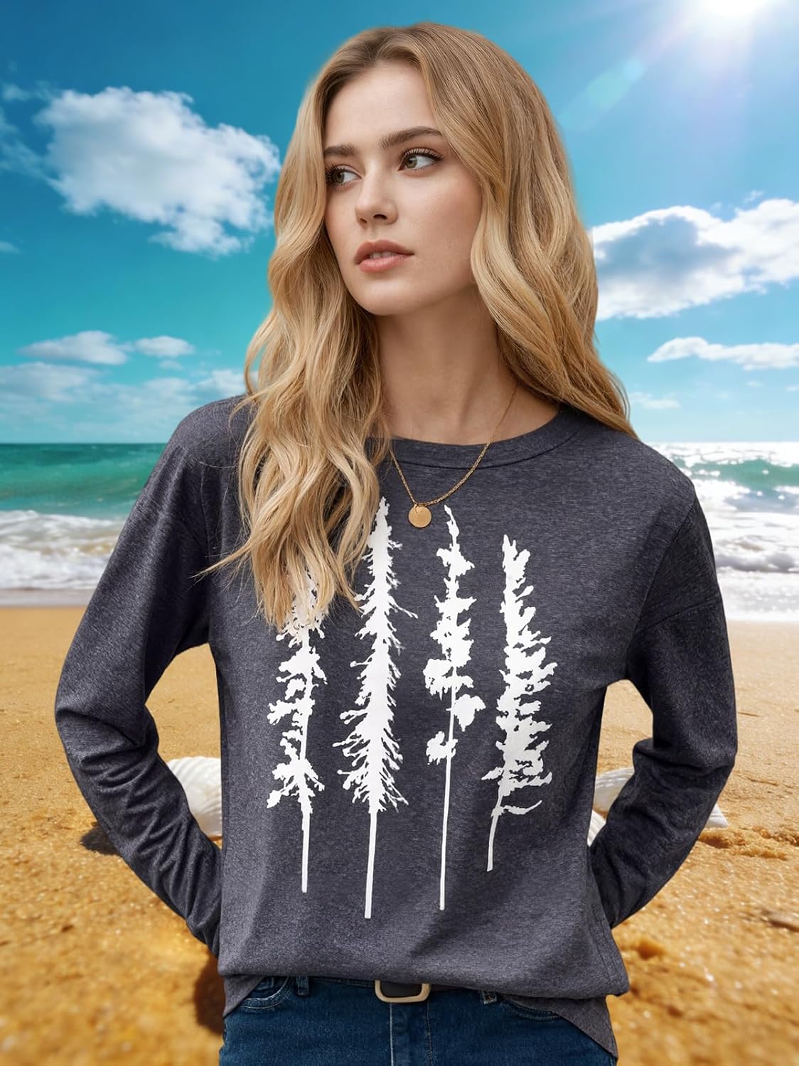 Womens Pine Tree Camping Shirt Casual Hiking Crewneck Pullover Travel Long Sleeve O-Neck Athletic Tees Comfy Tops - Image 3