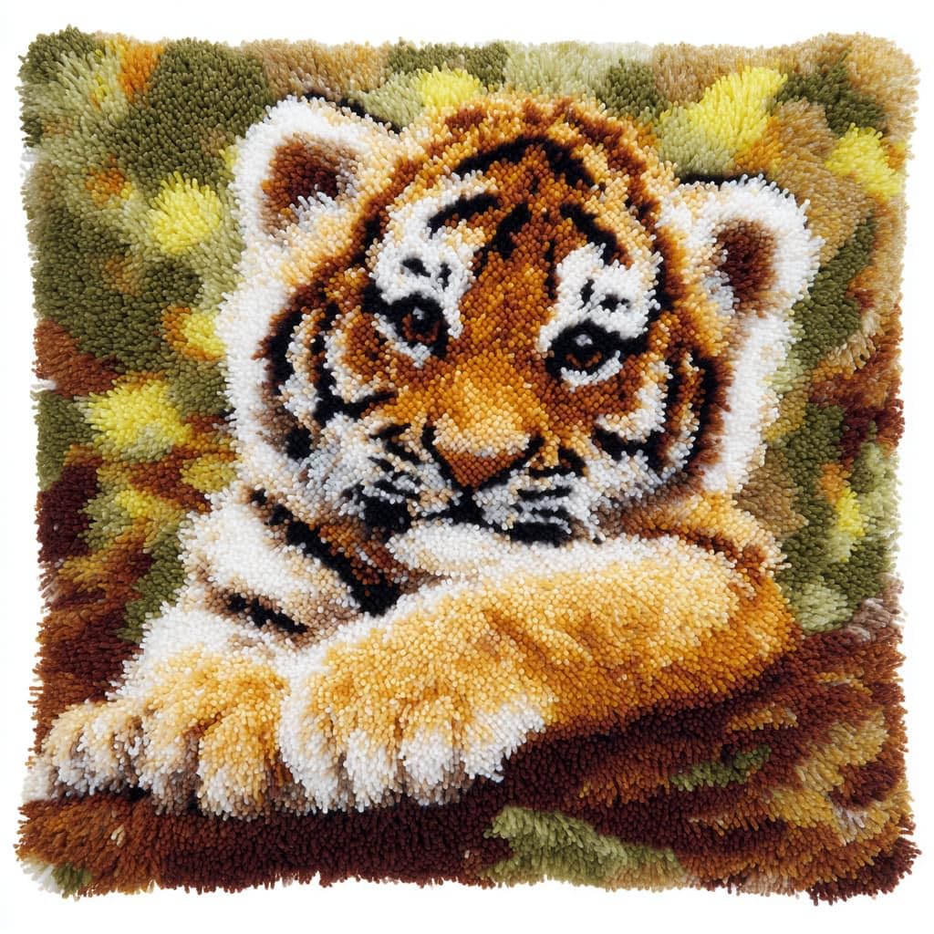 Taxpy Latch Hook Kits, Animal Tiger Pillow Cover DIY Crochet Hook Cushion Rug Making Kits with Printed Pattern Canvas Needlework Hooking Adorment 43x43cm
