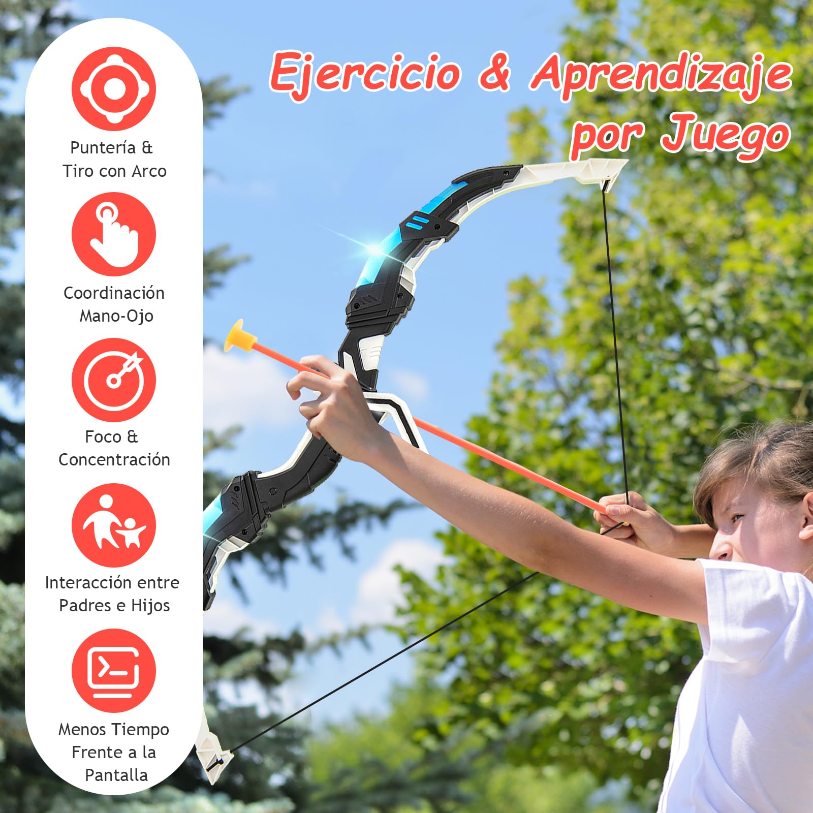 GOPLUS Juego de Arcos y Flechas para Niños, Set de Tiro con Arco LED con 20 Flechas con Ventosa, 2 Carcajs, Diana Desmontable, Set de Tiro al Aire Libre para Niños de 3 a 12 Años