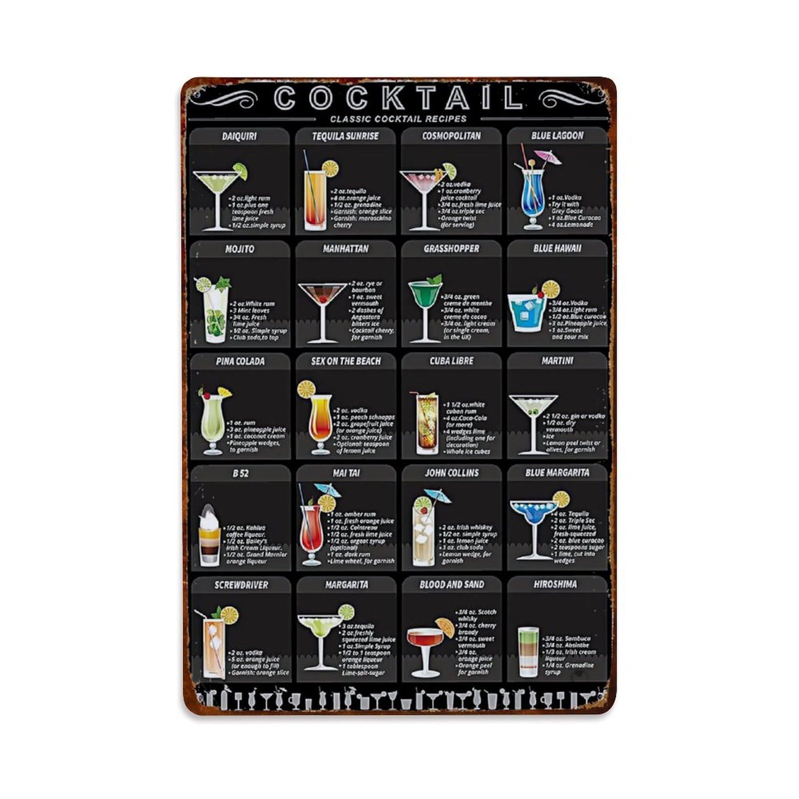 Rkundrne Vintage Cocktail Menu Metal Tin Sign Garden Bedroom Cafe Bar Man Cave Home Wall Decor Metal Poster 8X12 In