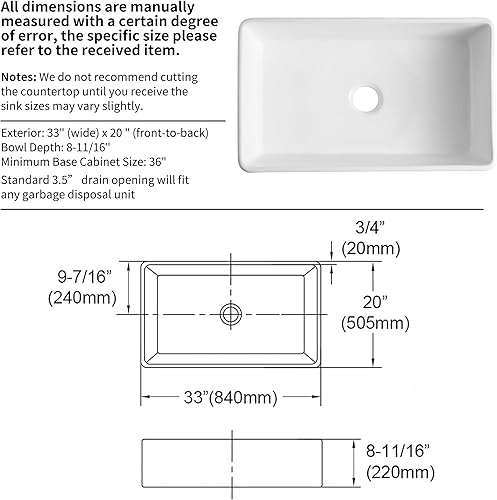 Miniatura 7 de HausinLuck Fregadero de arcilla refractaria de 33 pulgadas, fregadero de cocina de granja con delantal doble 5050, fregadero de cocina reversible de