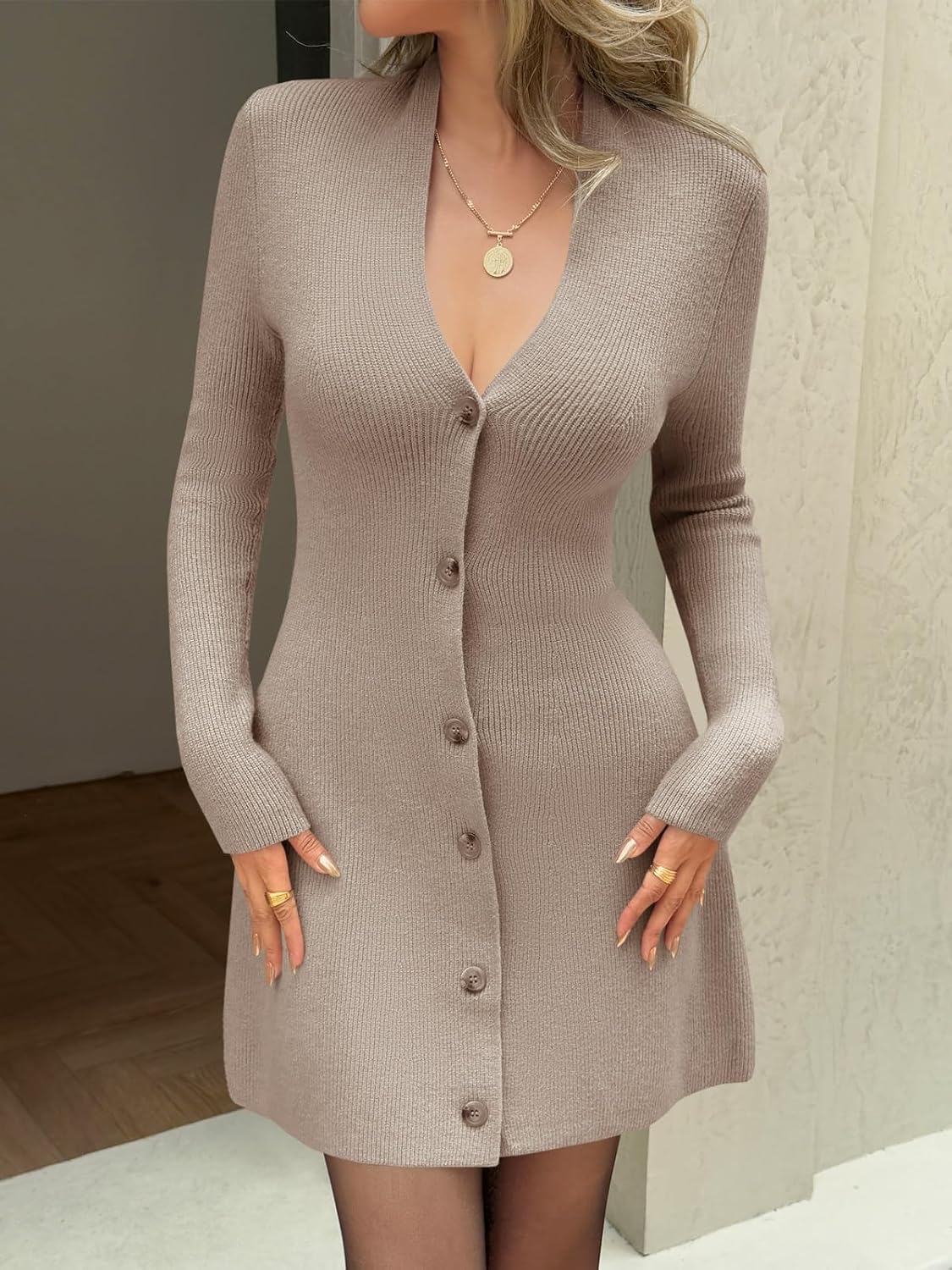 Wenrine Womens Deep V Neck Sweater Dress Sexy Knit Button Down Long Sleeve A Line Fall Mini Dresses Khaki - Image 3