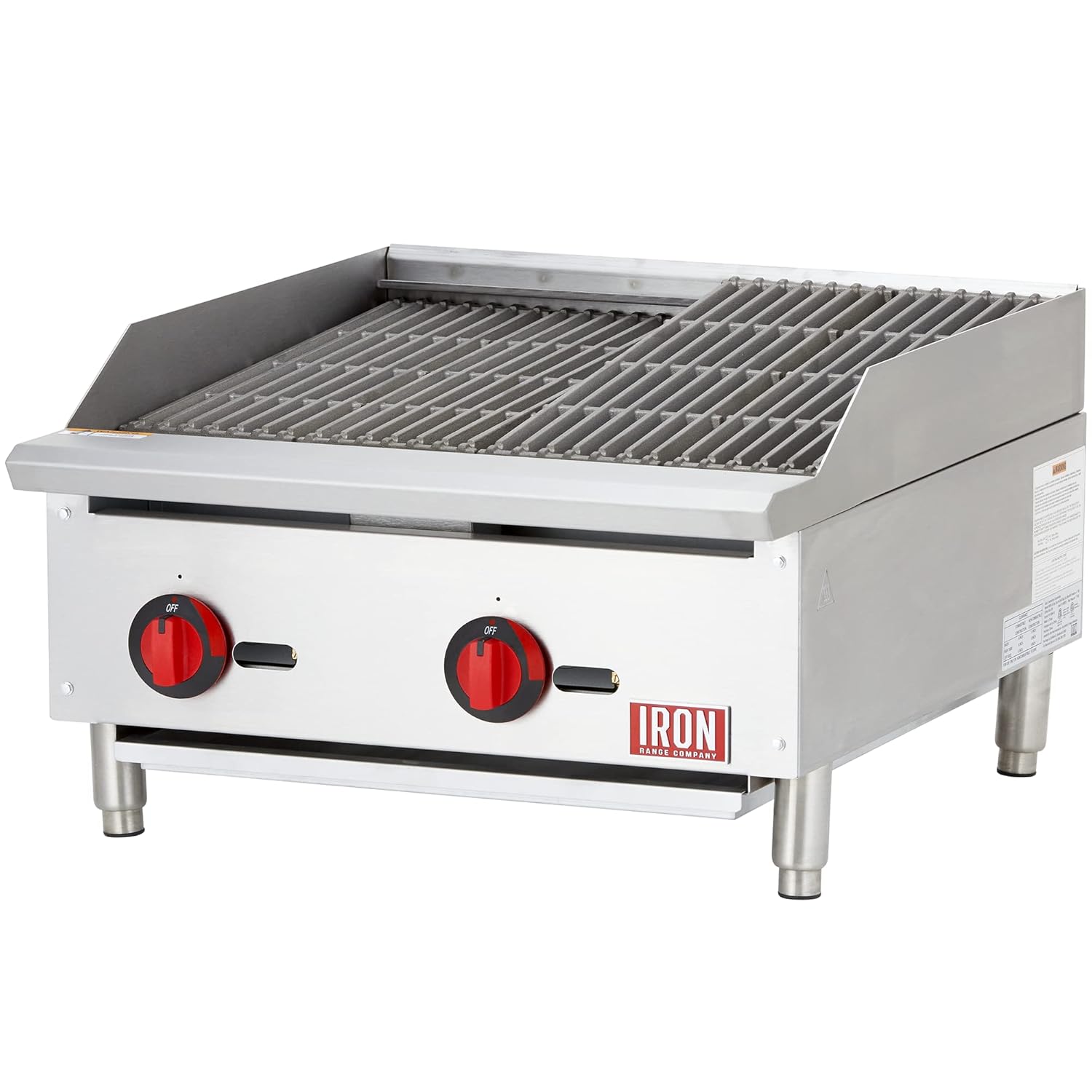 Iron Range IRRB-24 24" Commercial Gas Charbroiler, 2 Burners, 70,000 BTU, Stainless Steel, Cast Iron Grates, ETL Listed, LPG Conversion Kit, Removable Grease Pan, Adjustable Legs