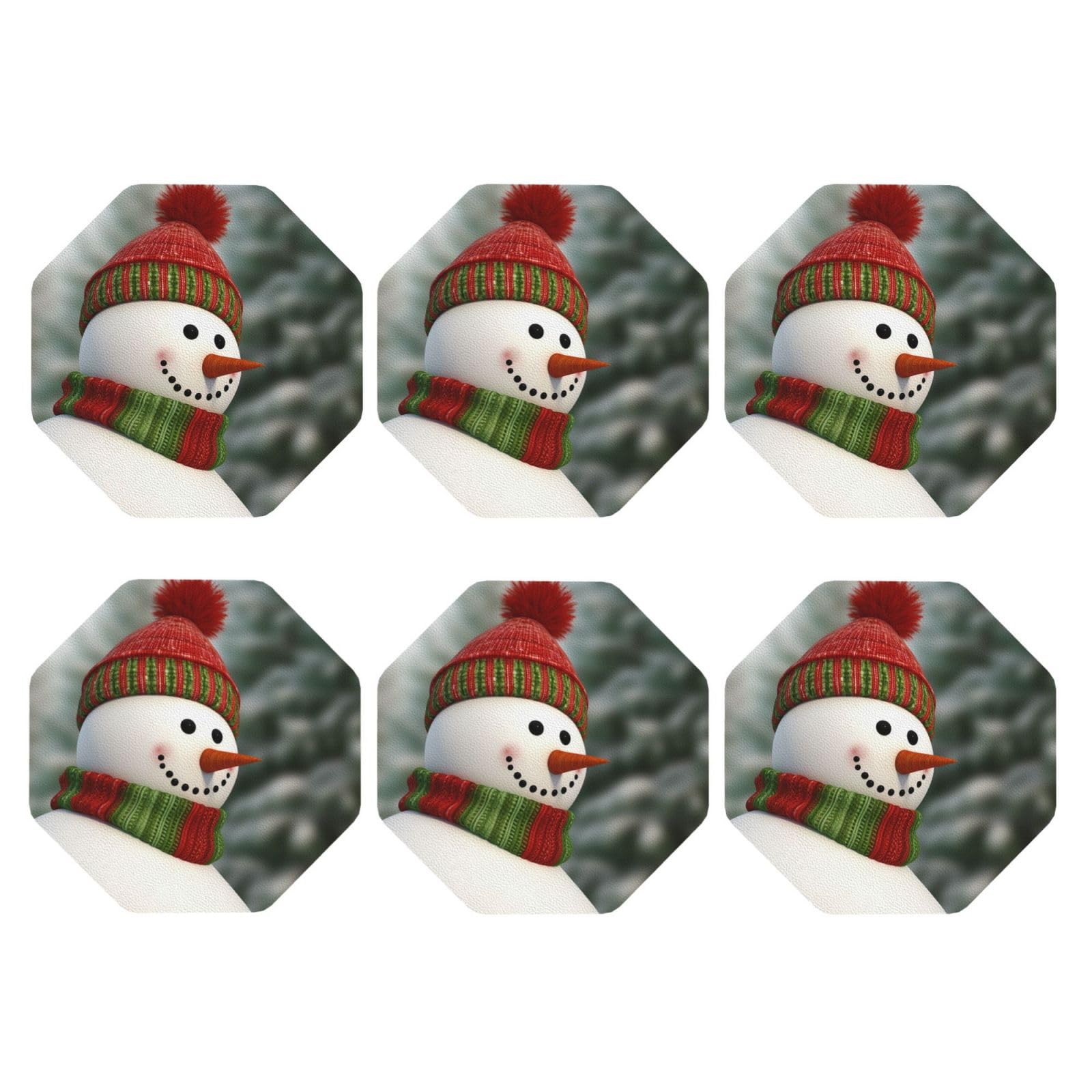 6pcs Leather Coasters for Drinks, Smile Gaze Snowman Drink Coasters for Tabletop Protection, 4" Cup Coasters for Coffee Table Decor, Non-Slip Drinking Cup Mat for Hot Or Cold Drink