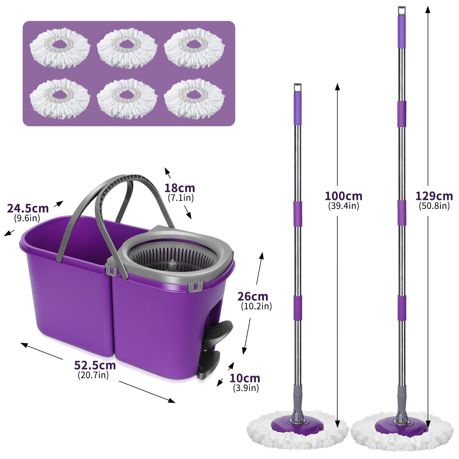 Balai Serpillère et Seau à Pédale, Masthome Seau Serpillere Rotatif 360° avec Système d'essorage Intégré, Seau Détachable avec 2 Compartiments pour Séparer l'eau Sale, Envoyer 6 Recharge en Microfibre