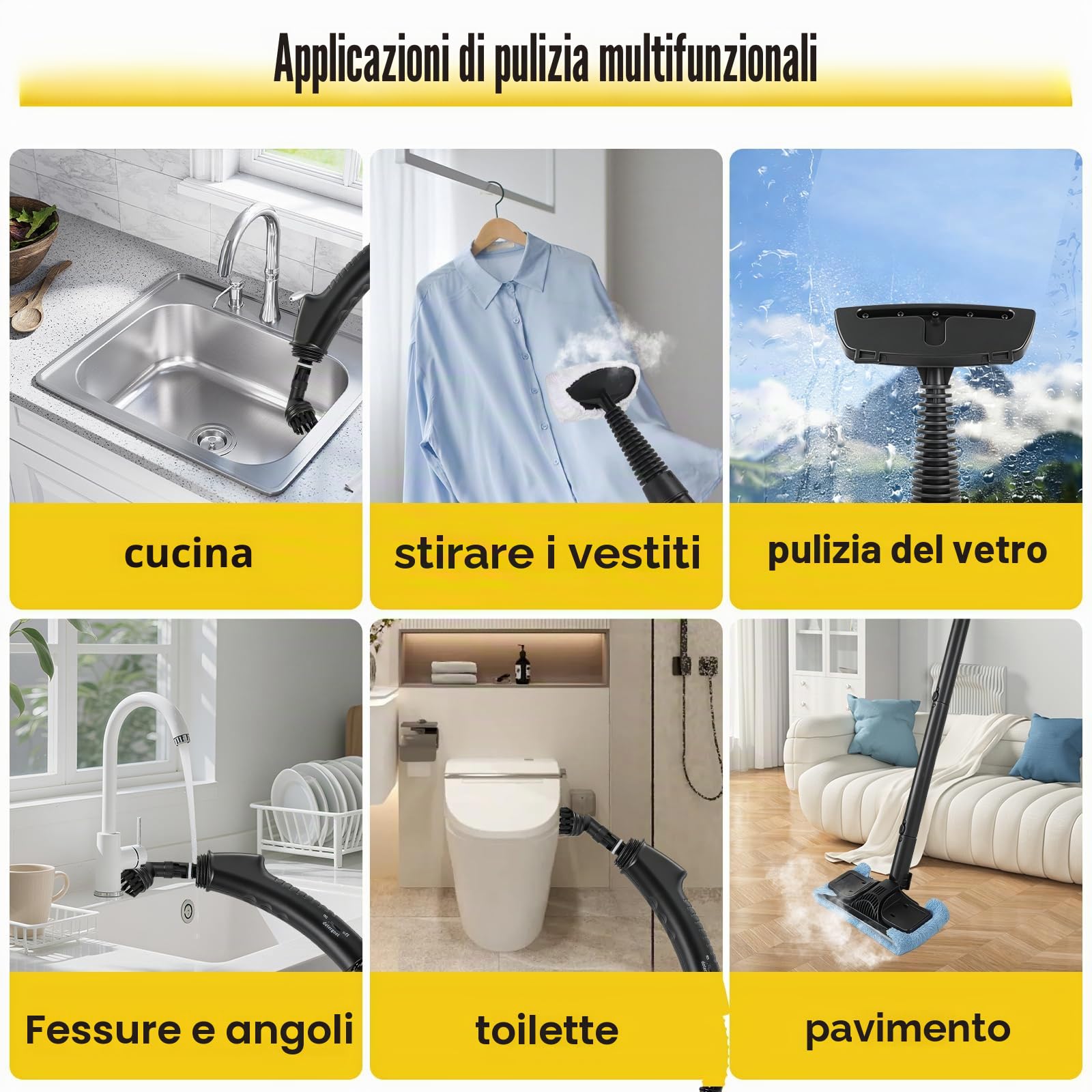 Pulitore a vapore 1800 W, 2-in-1 Scopa a vapore multifunzionale con 900 ml, accessori da 11 pezzi, vapore caldo 165 °C, tempo di 30 secondi, pulizia di cucina, forni, tappeti, divani