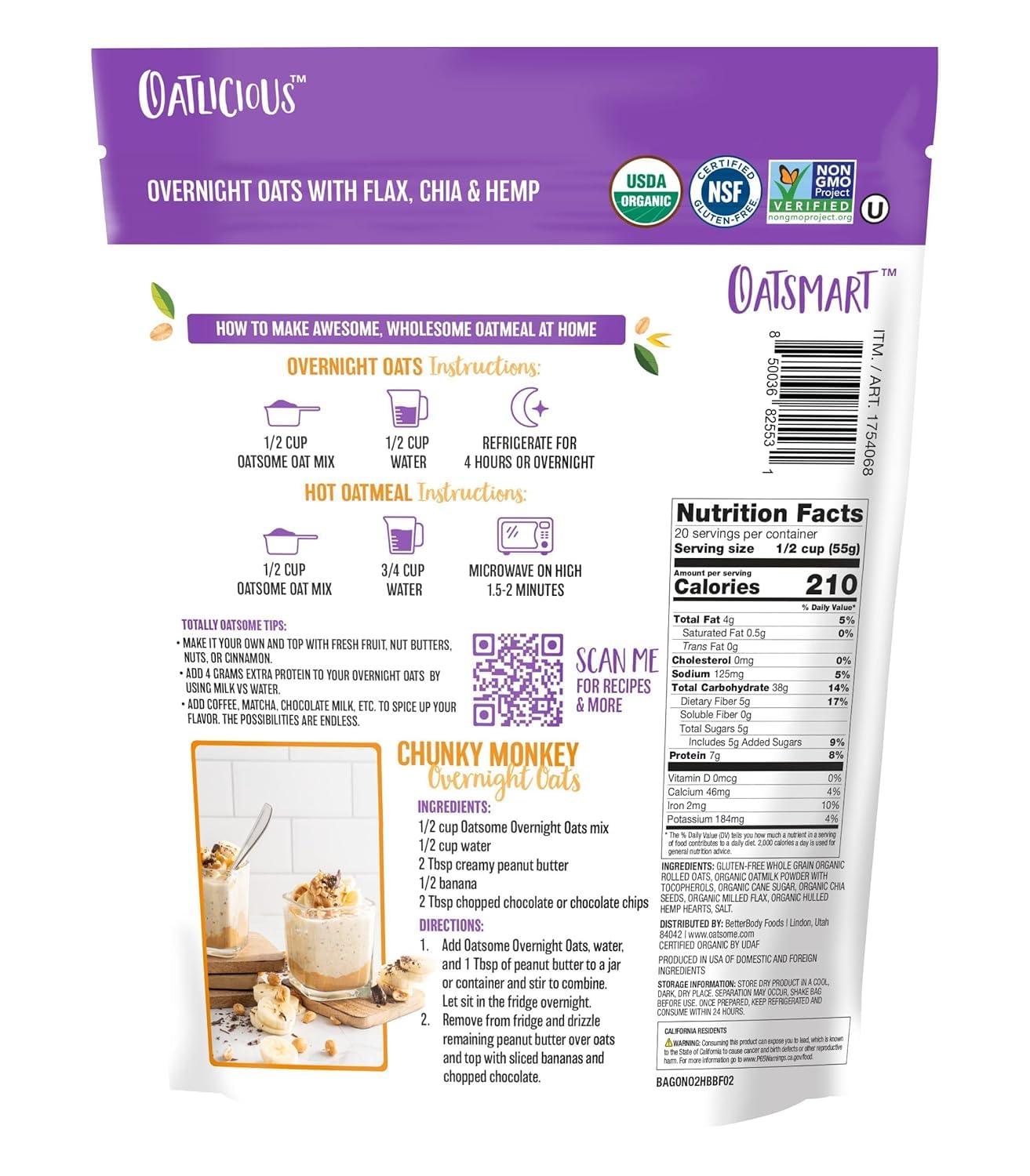 Oatsome Organiczne płatki owsiane na noc z chią, lnem i konopiami, bezglutenowe płatki owsiane z 7 g białka, worek 1,1 kg
