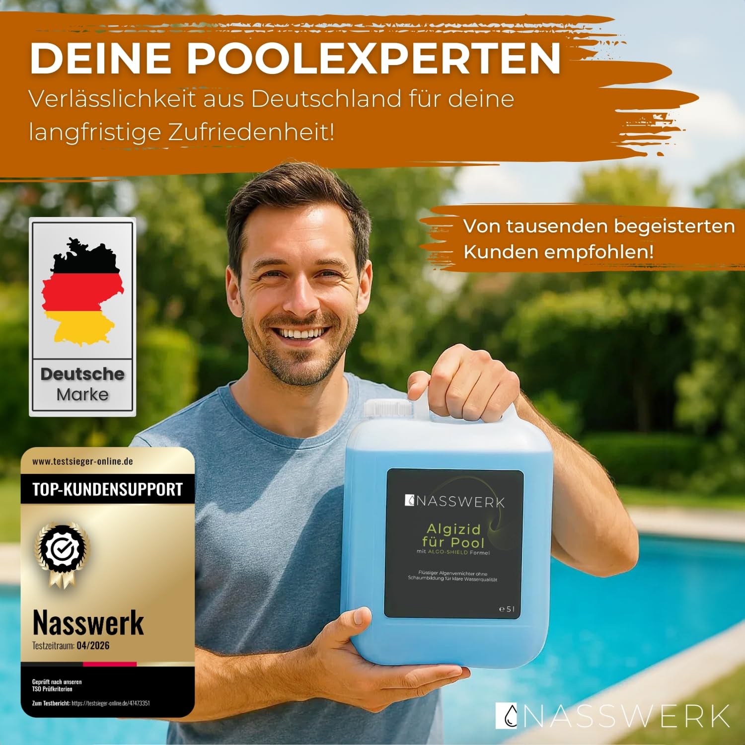 NASSWERK® Algizid für Pool flüssig 5L | Algenvernichter Pool um grünes Poolwasser klar bekommen | Poolklar Anti Algenmittel für Whirlpool | Pool Algenvernichter mit Klareffekt Algezid Algenverhüter