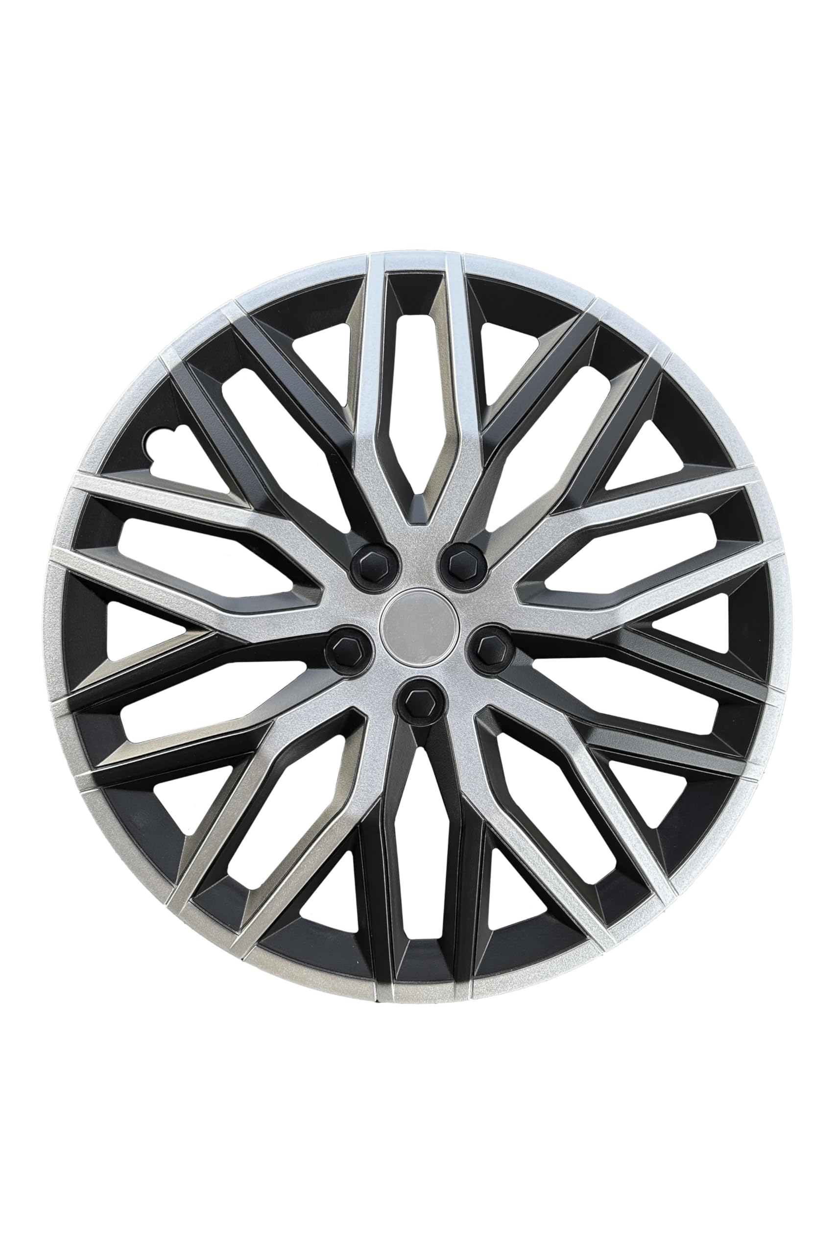 Copricerchi 16" Nova Nero/Argento, Set di 4 unità, Universali, ABS ad alto impatto, Fissaggio a pressione, Design moderno e ventilazione ottimizzata