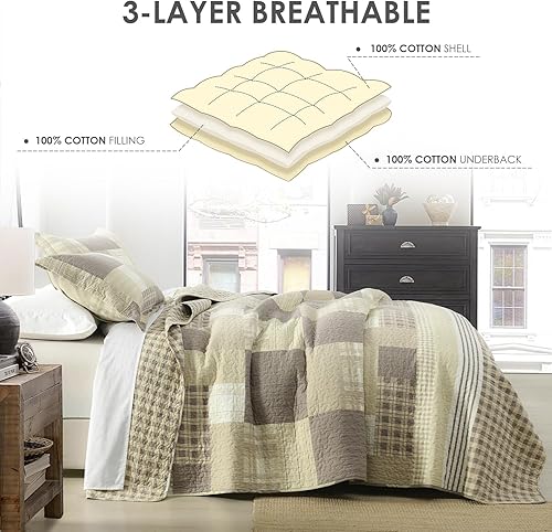 Miniatura 4 de Juego de ropa de cama 100% algodón Fashions Farmhouse Coffee Plaid Patchwork reversible, suave y ligero, colcha (cuadros marrones, Queen, 3 piezas)