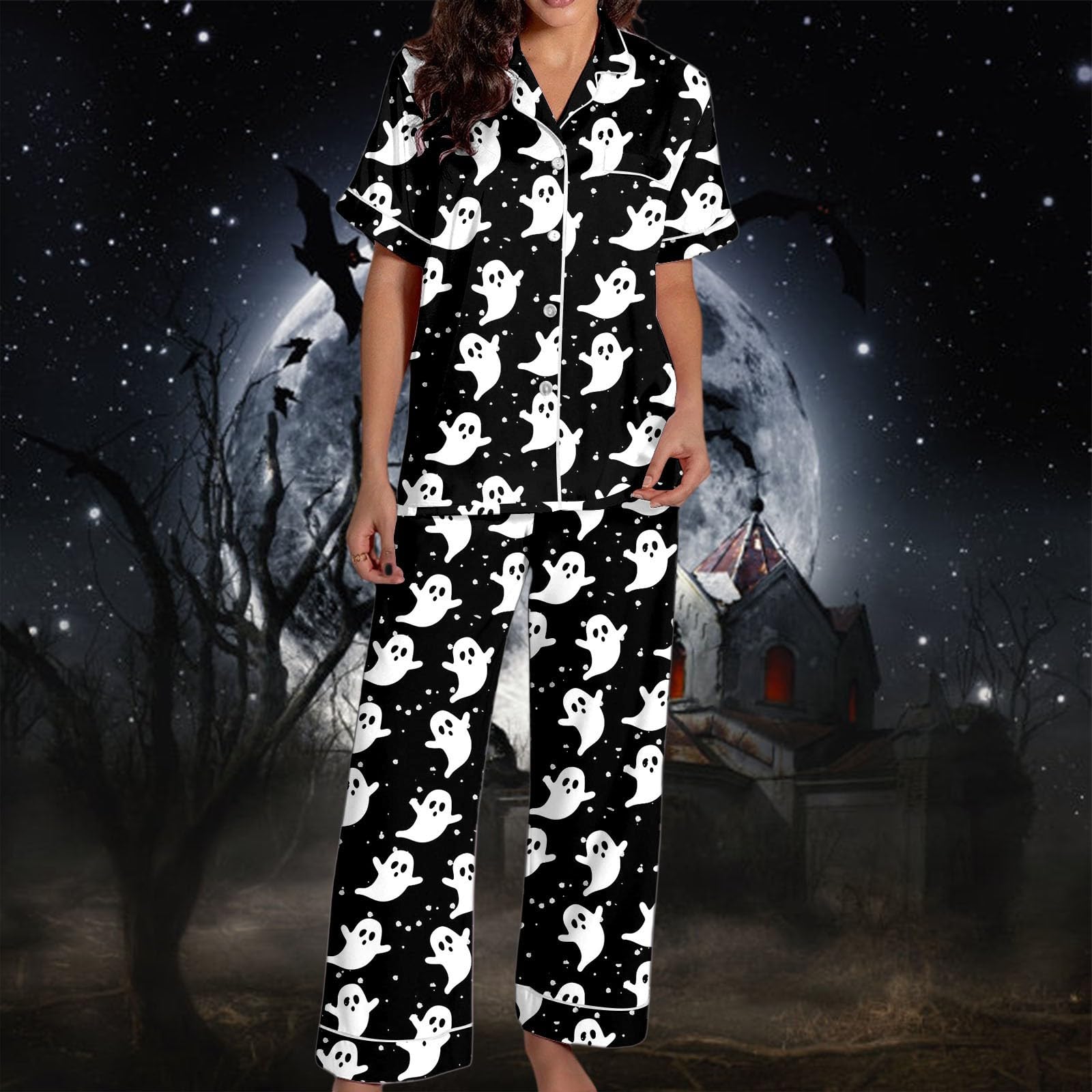 Genérico Conjuntos Pijama Mujer Halloween Top Manga Corta Abotonado Pantalones Cortos Satén Seda Noches Acogedoras Otoño Invierno