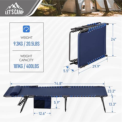 Miniatura 2 de LET'S CAMP Tumbona reclinable plegable y portátil, catre de campamento ajustable de 5 posiciones ligera con bolsillo para almohada para dormir,