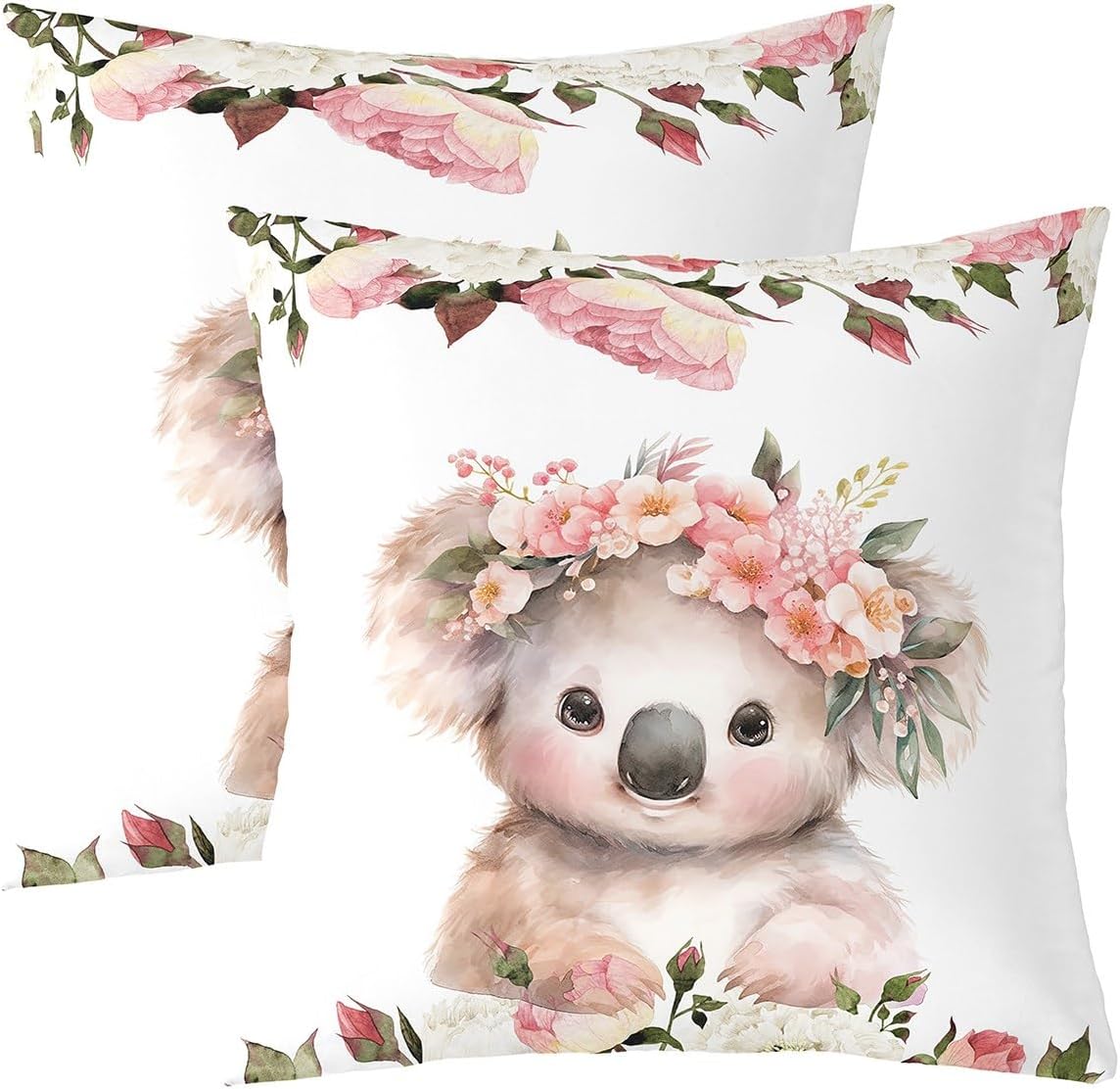 Feelyou Cute Koala Throw Pillow Covers 24"x24" Set of 2 Cartoon Animal Decorative Pillowcase for Sofa Bed Chair Car Flower Floral Print Cushion Cover Farm Zoo Garden Theme Outdoor Pillows Covers