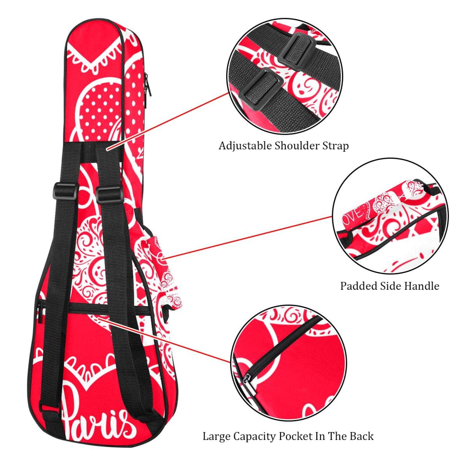 Sac à dos robuste pour ukulélé de concert - Sac de rangement pour ukulélé soprano - Ukulélé ténor - Sac rembourré de 10 mm - Motif Tour Eiffel - Rouge