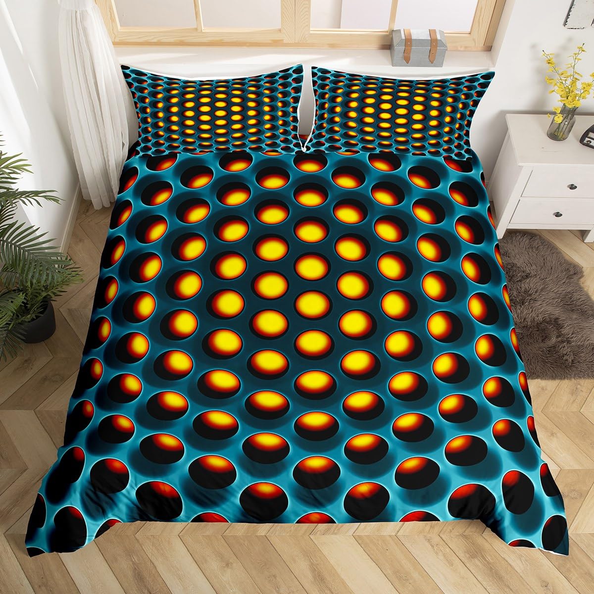 Kids Geometric Duvet Cover King Teen Boy Yellow Green Bedding Set Men Geometrical Stereoscopic Hole Pattern Comforter Cover Retro Neon Fashion Style Bed Set Reversible Black