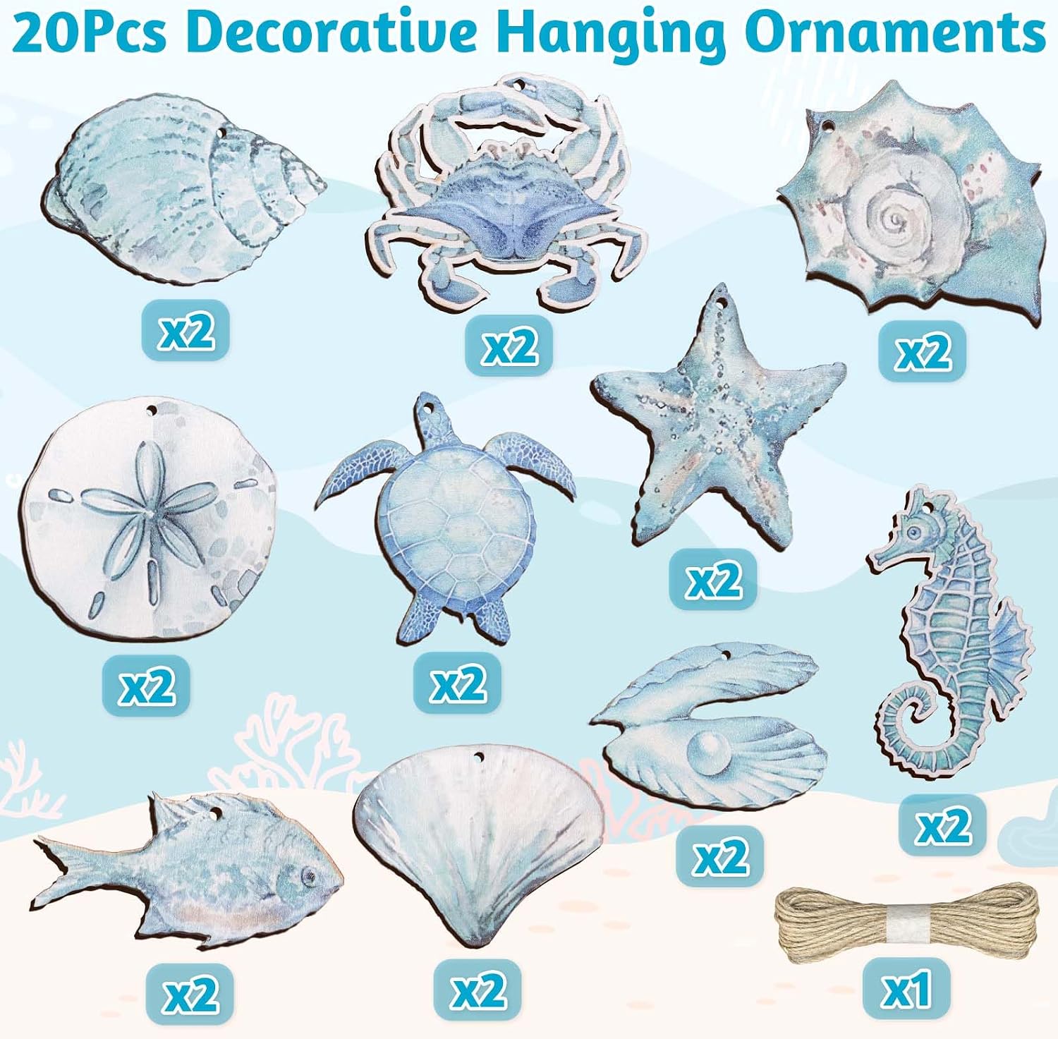Summer Wooden Hanging Ornaments,Ocean Beach Wooden Slices Pendant for Hawaiian Tropical Christmas Tree Home Interior Hanging Decoration Party Supplies (Light Blue) image 4