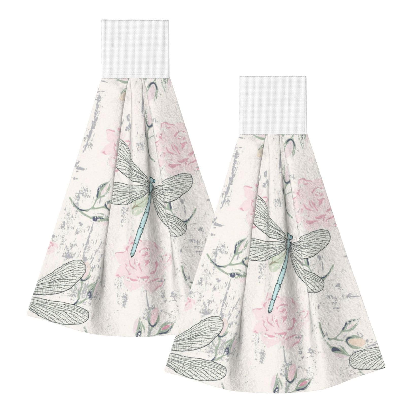 DOPKLNA Dragonfly Shabby Chic Roses Worn Old Vintage Floral, 2 Pcs Hanging Coral Fiber Hand Towels for Bathroom, Absorbent Kitchen Towels