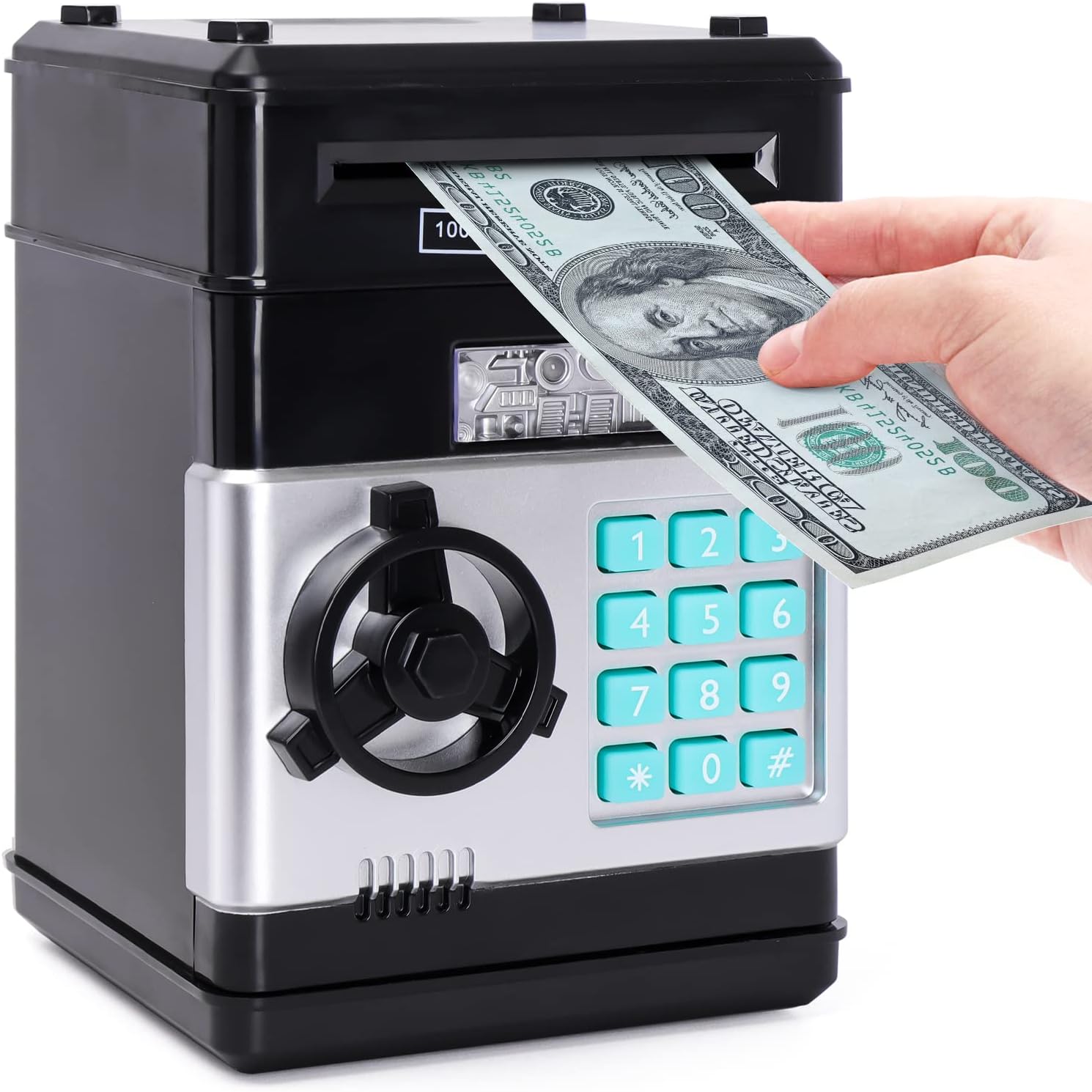 PhilaeECBlack Piggy Bank for Kids, Electronic ATM Cash Coin Can Money Saving Box with Password, Children's Safe Money Jar with Auto Grab Bill Slot, Birthday Christmas Toy Gifts for Boys Girls