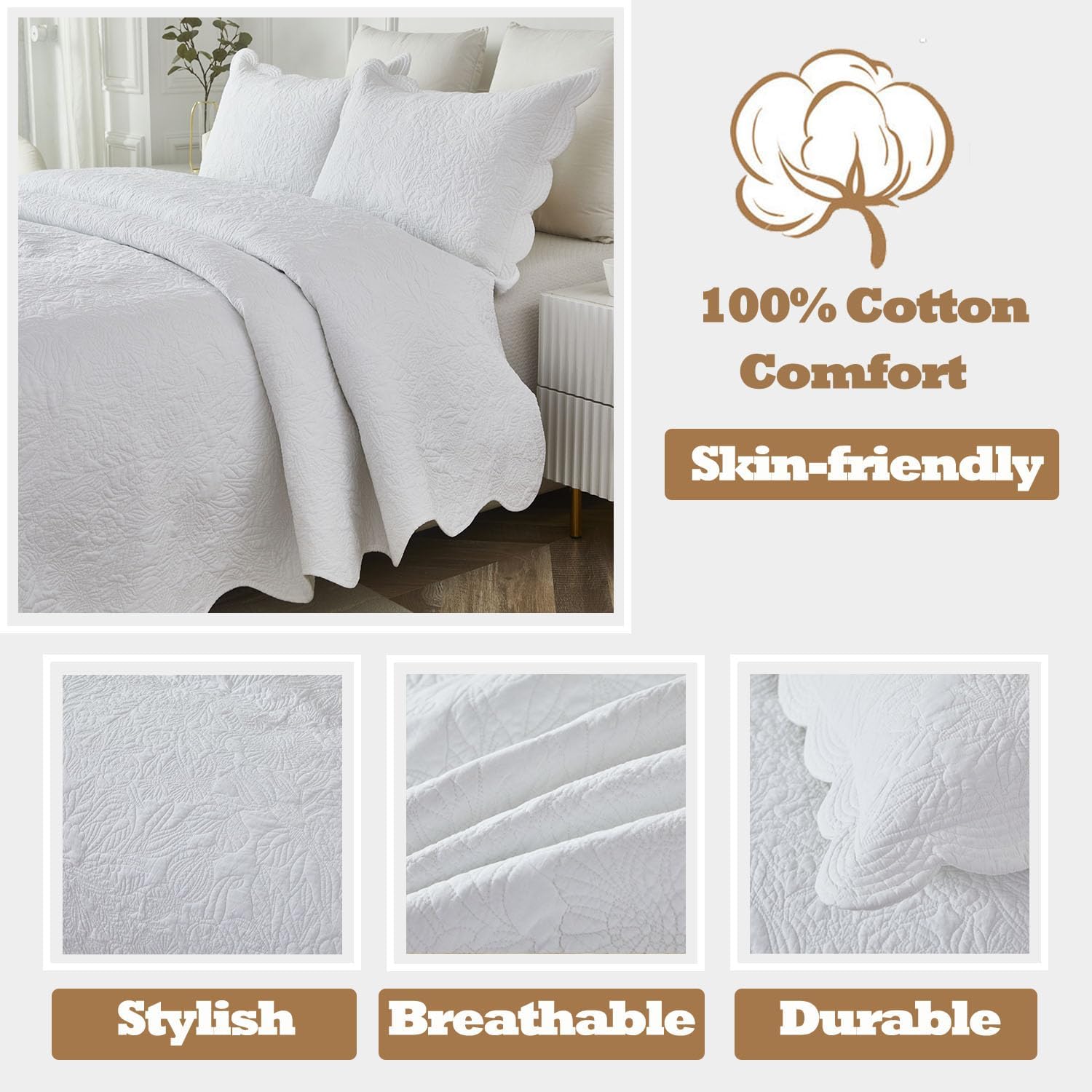 Brandream White Quilt Set King Size Cotton Botanical Cottagecore Bedding Matelasse Coverlet Scalloped Quilts 3-Piece - Image 6