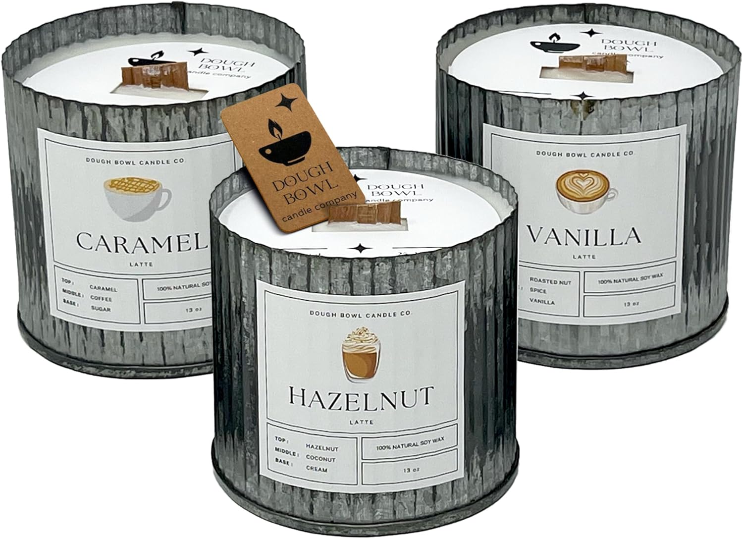Dough Bowl Candle Co. Coffee Candle - Set of 3 Corrugated Metal Tin Set with Essential Oils in Vanilla Latte, Hazelnut Coffee, Caramel Macchiato, 100% Soy Wax, 80 Hour Burn, Reusable Decor