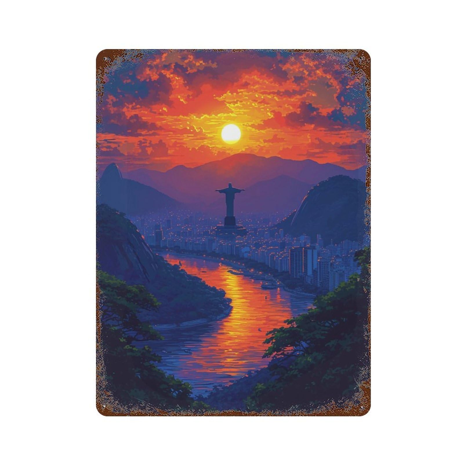 Rio De Janeiro Sunset Weathered Tin Sign 15.7"x11.8", Rustic Home Decor for Garage, Bar And Workshop Decor