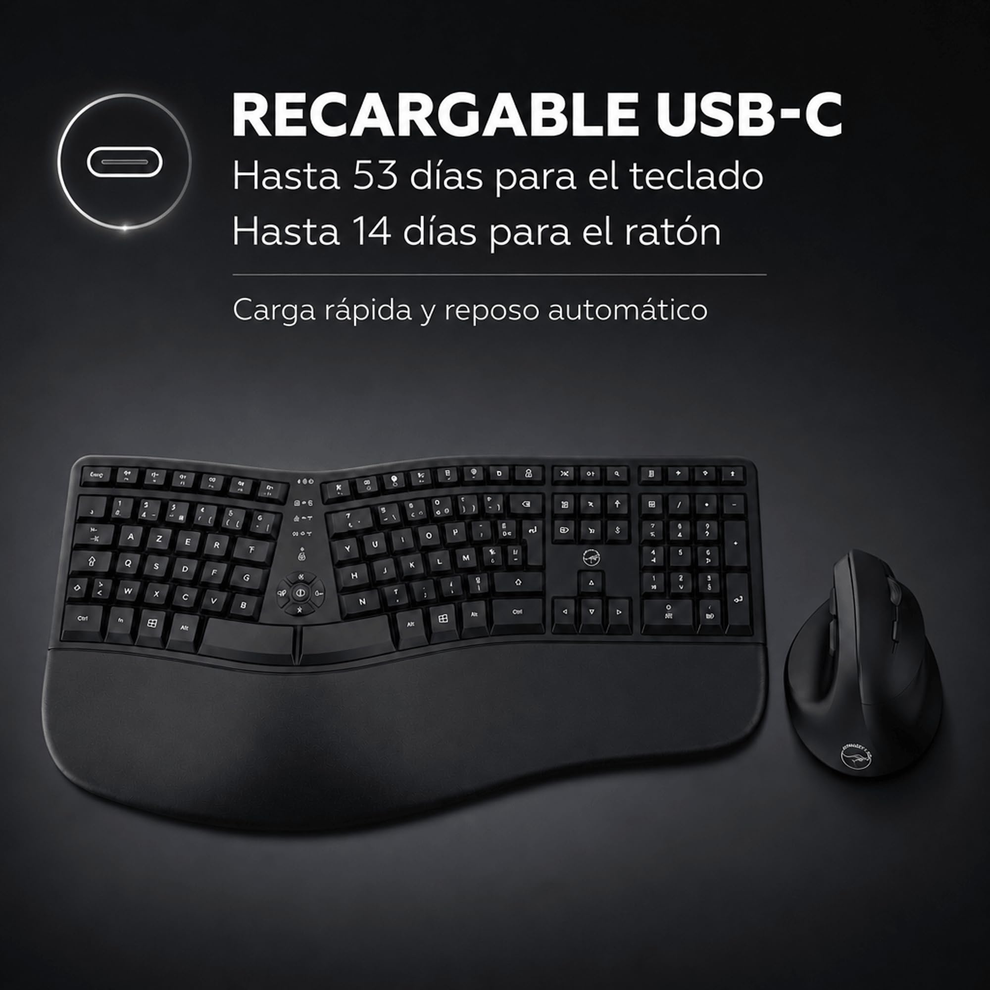MOBILKTY Lab - Ergo C30W - Combo Teclado + ratón inalámbrico ergonómico - AZERTY, reposamuñecas, diseño ergonómico, inclinación Ajustable del Teclado, dpi Ajustable - Windows