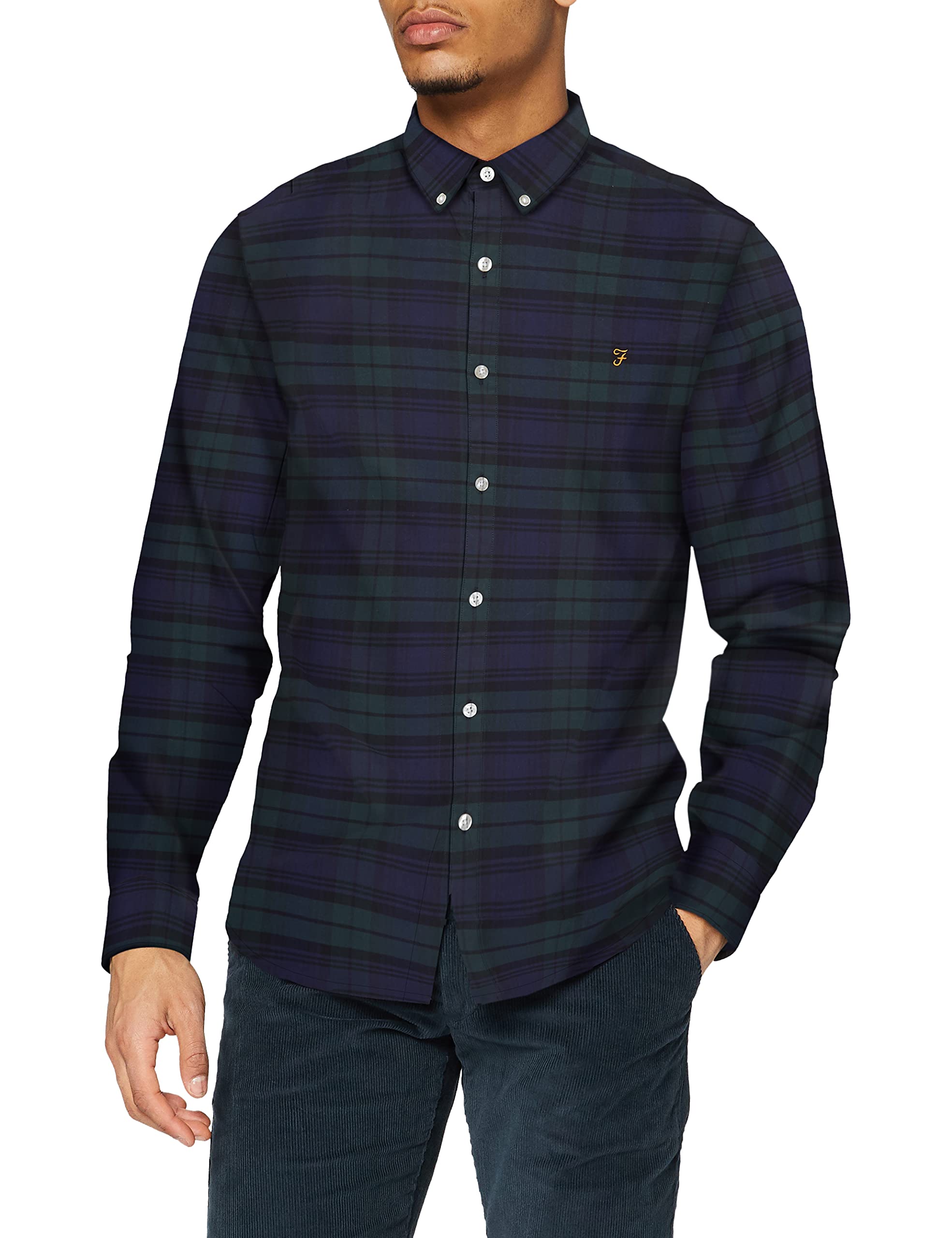 Farah Men's Woodland Pine Brewer Slim Fit Cotton Oxford Shirt, Small