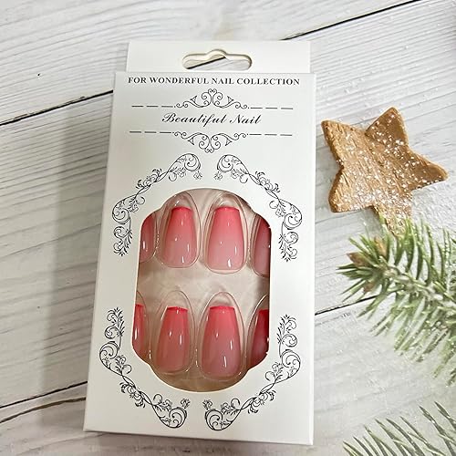 Miniatura 6 de Uñas postizas francesas a presión en degradé rosa, uñas postizas acrílicas artificiales medianas con forma de ballet, uñas postizas de cobertura